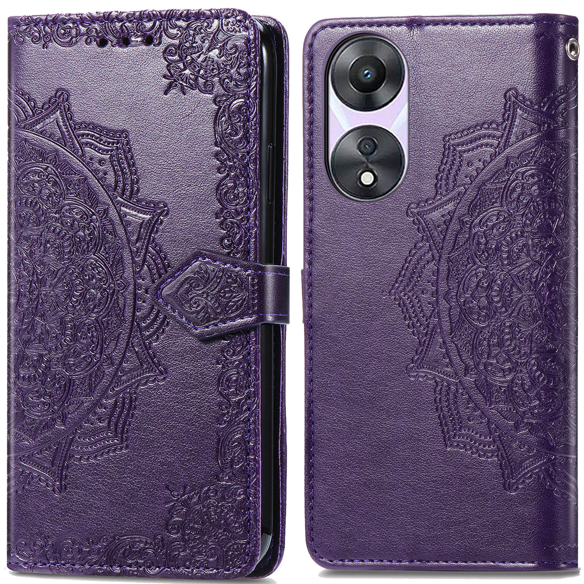 Paarse telefoonhoes met reliëf mandala ontwerp, open en dicht.