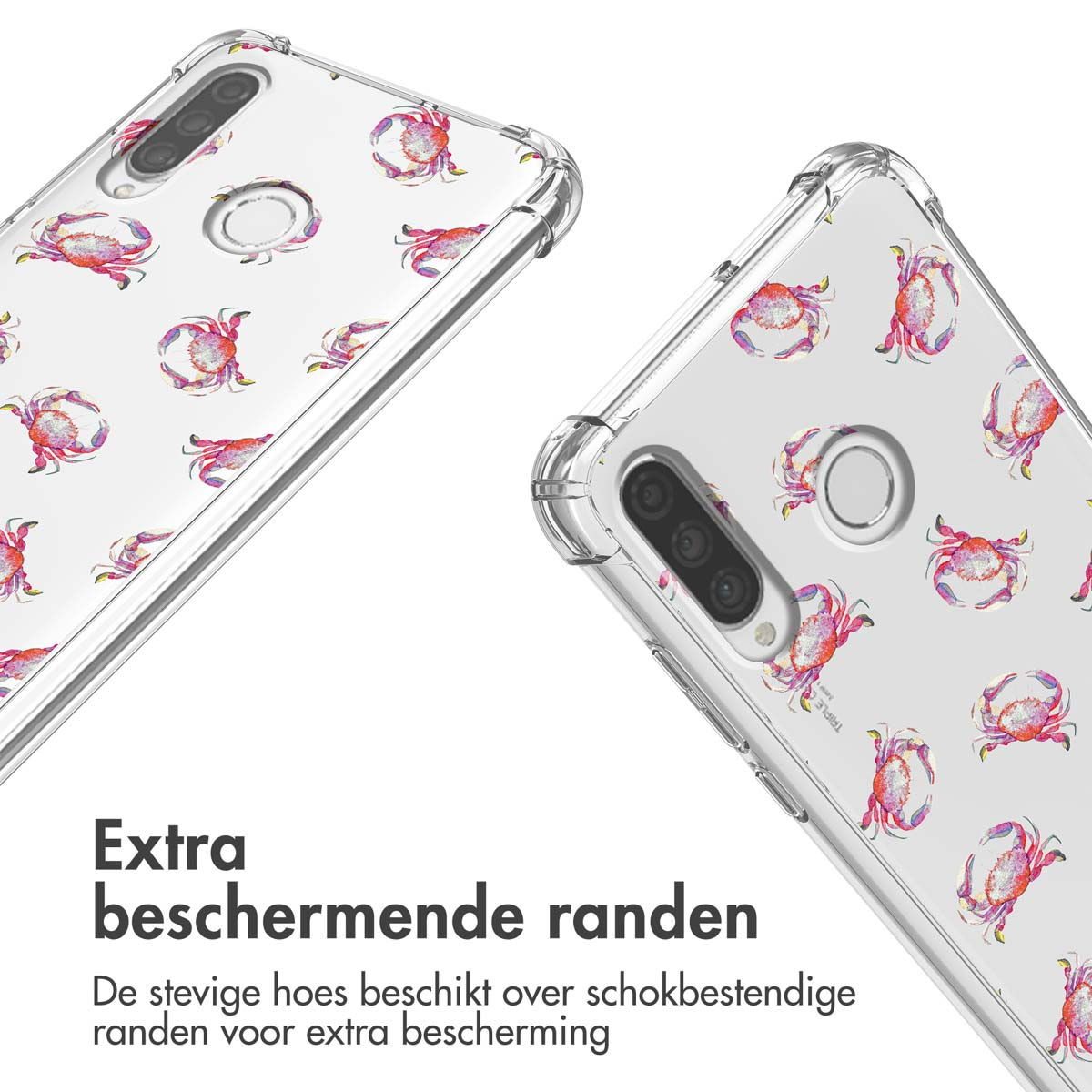 Twee transparante telefoonhoesjes met krabpatroon. Hoesjes hebben beschermende randen. De achtergrond is wit.