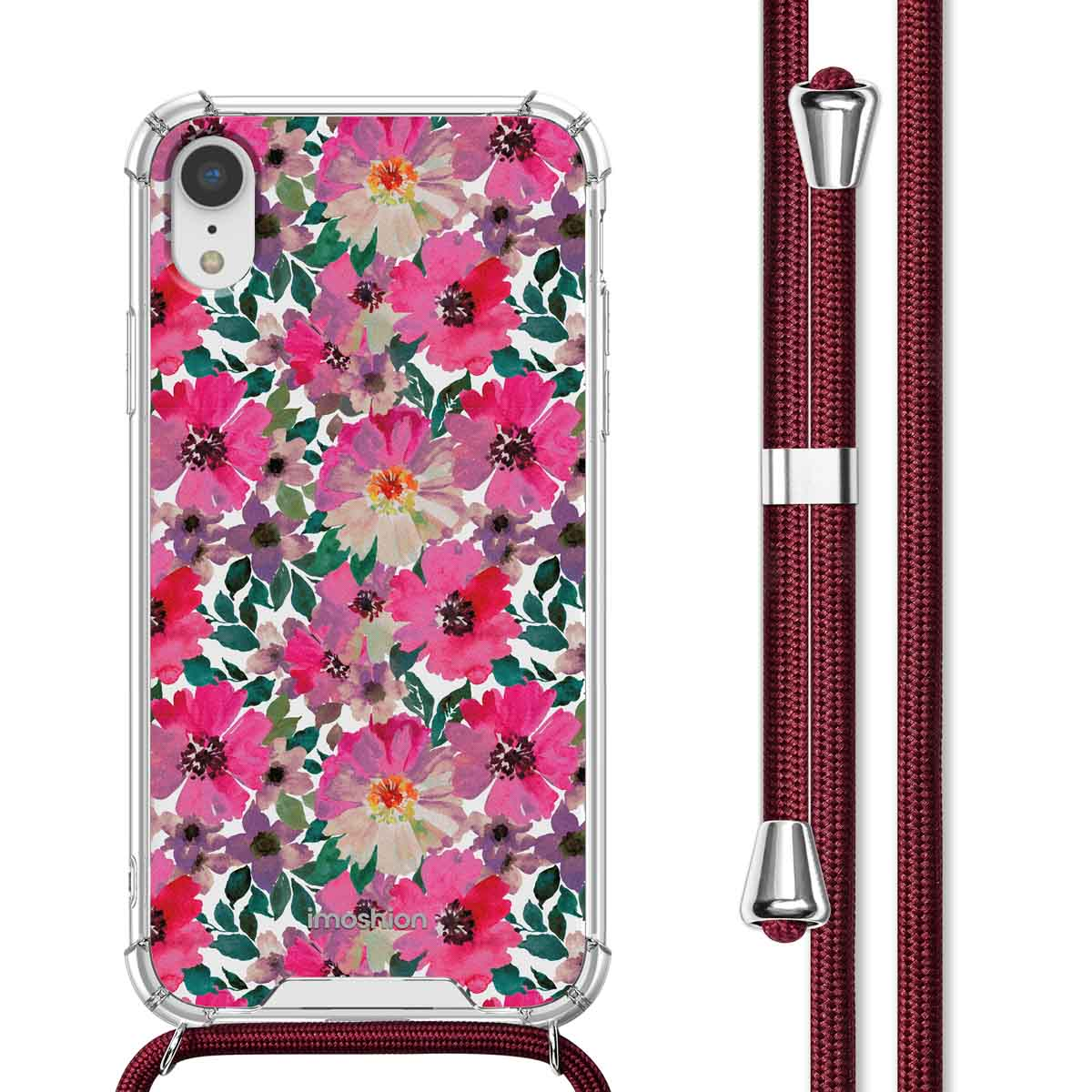 Coque de téléphone avec motif floral rose.  Une sangle bordeaux est attachée. Texte : moshi.