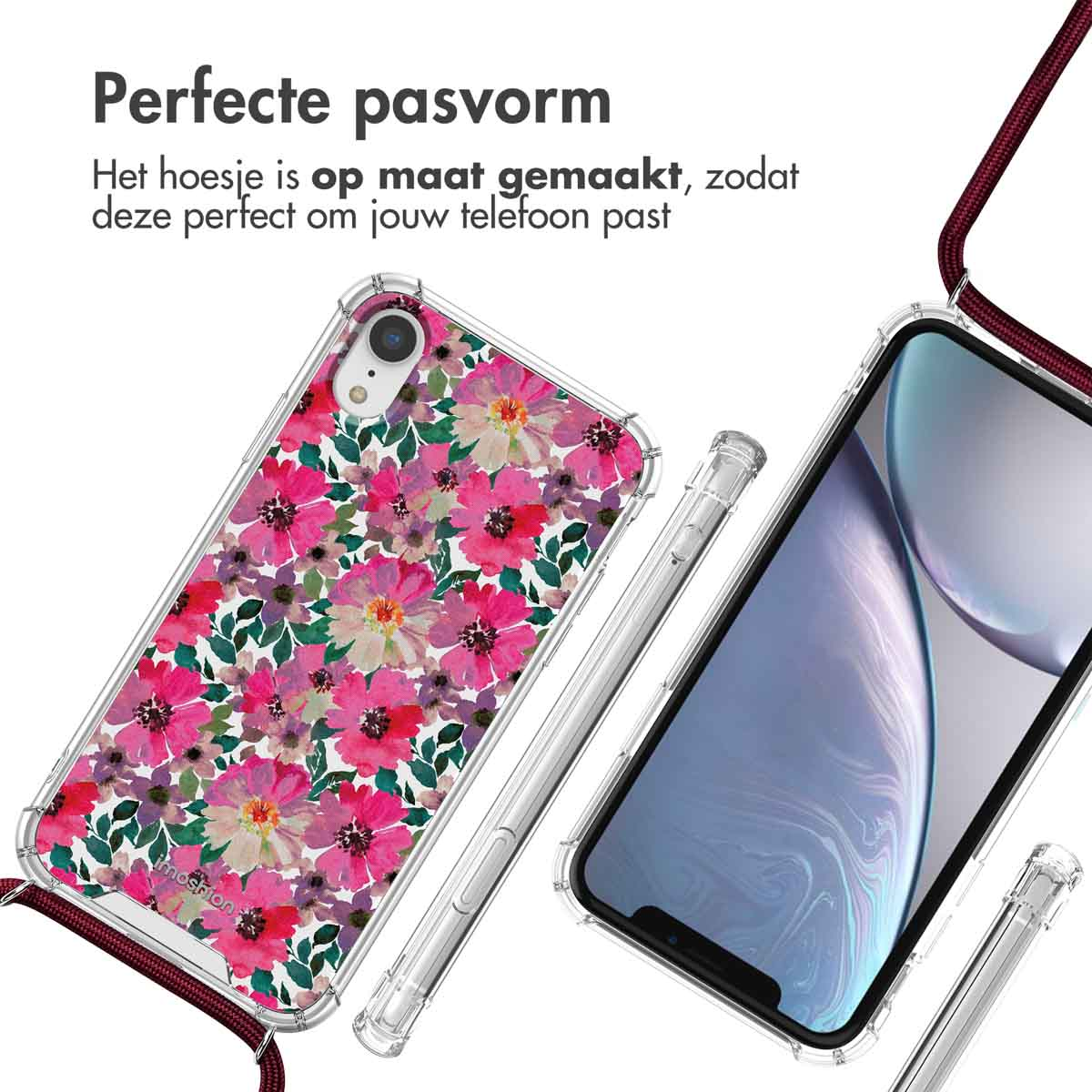 Deux téléphones avec étuis : un avec des fleurs roses, et un étui transparent, sur une surface blanche.