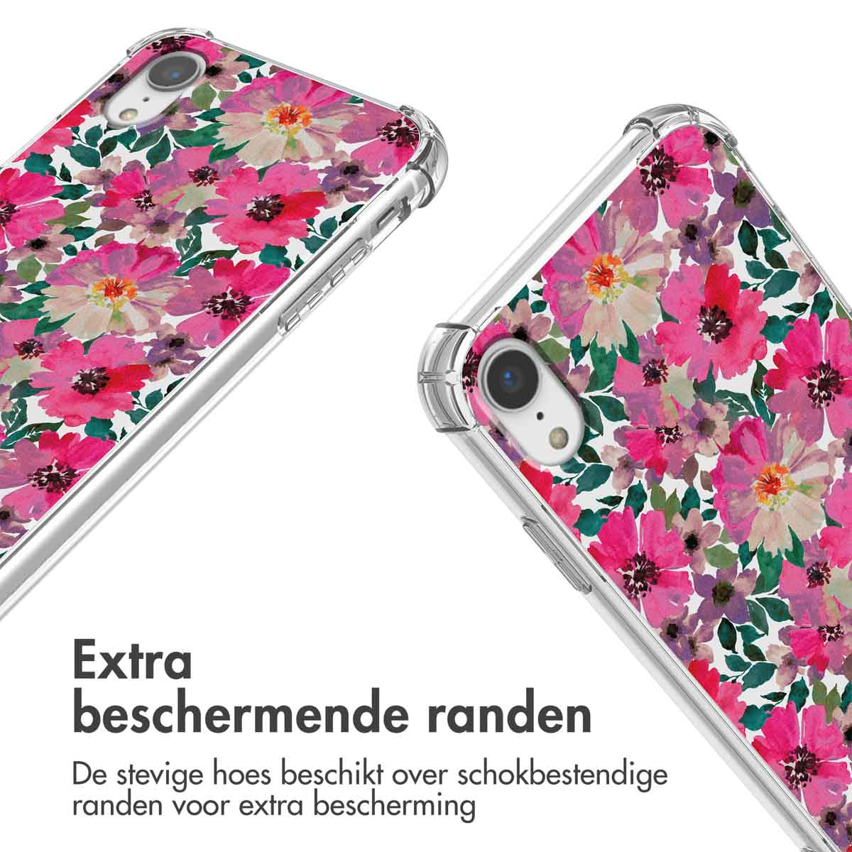 Deux coques de téléphone avec un motif floral. Elles sont sur une surface blanche. Bords de protection supplémentaires.