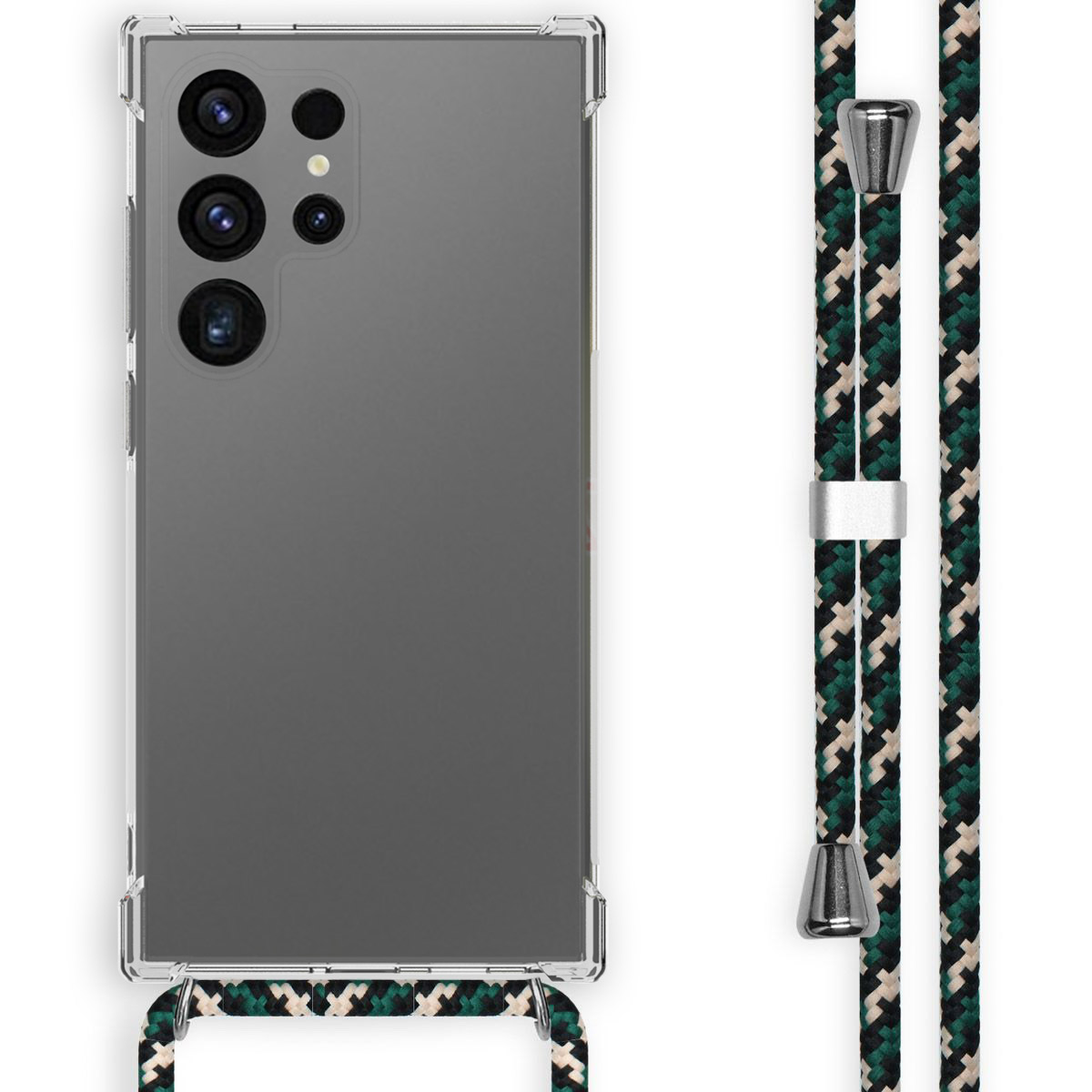 Een doorzichtige telefoonhoes met een patroonband. De band is groen, zwart en wit. Een telefoon zit erin.