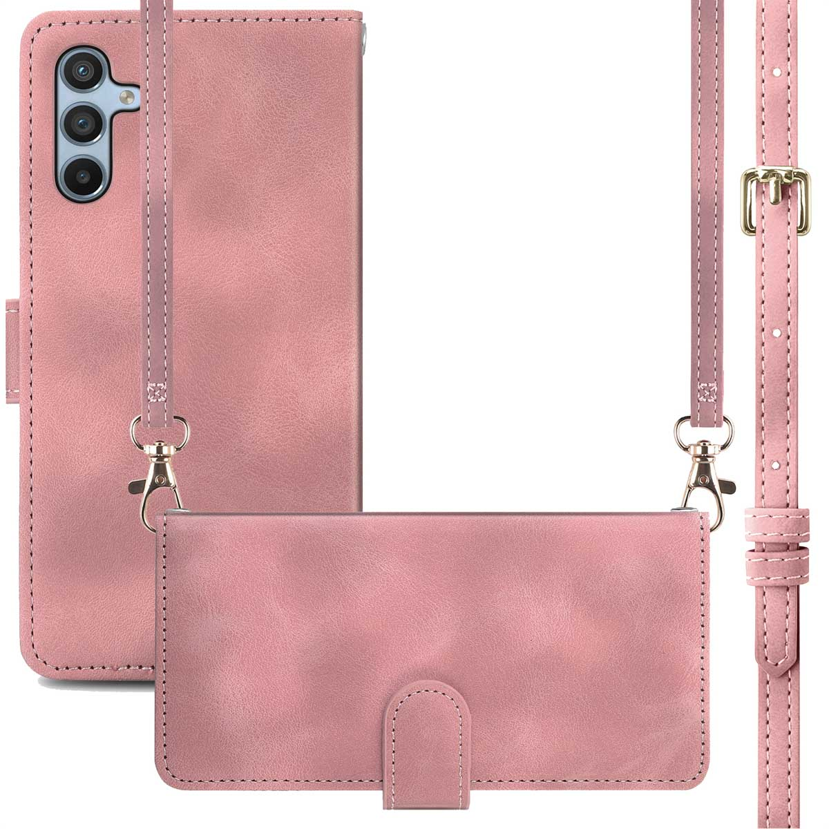 Coque rose avec portefeuille et lanière. Fermeture à bouton et espace pour cartes.