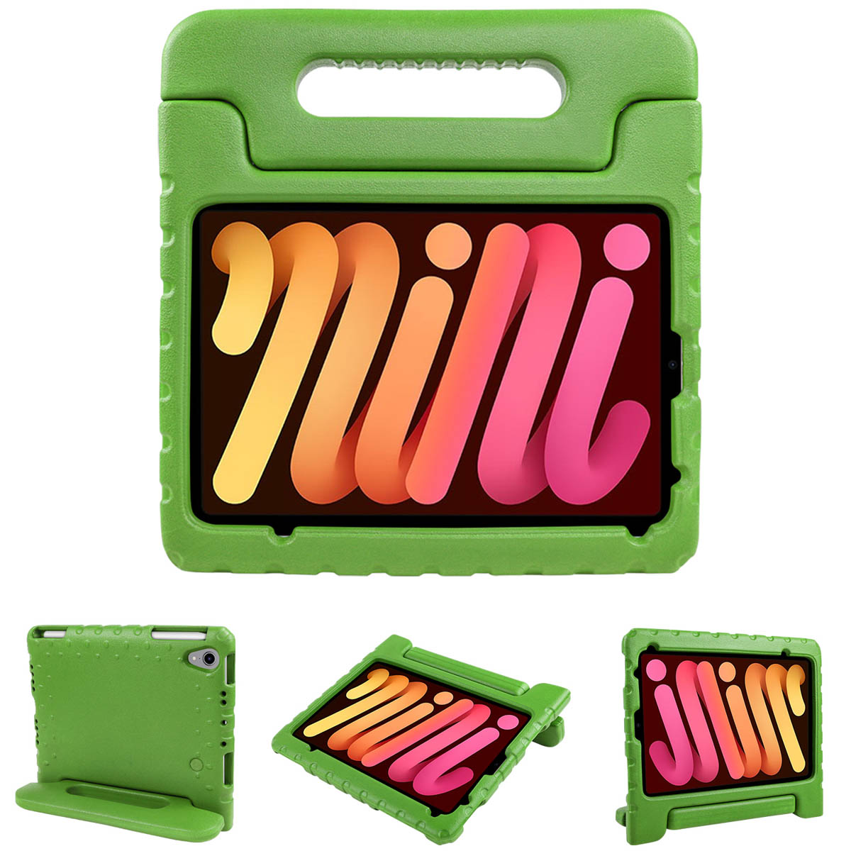 Groene iPad Mini-hoes met handvat, toont de tablet. Er worden verschillende weergaven getoond.