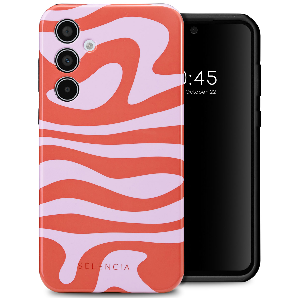 Téléphone avec étui zébré rouge et rose, avec écran noir affichant l'heure.