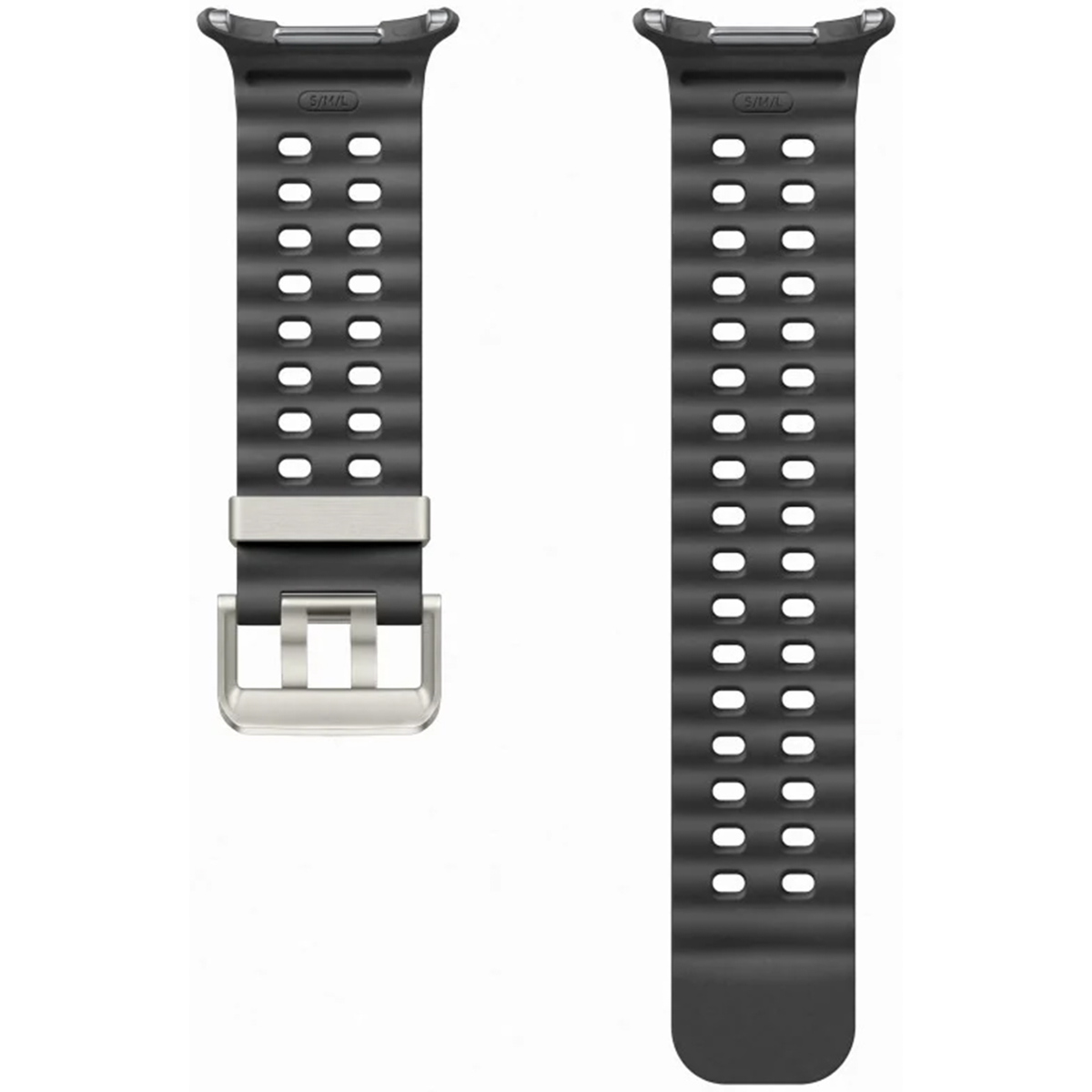 Due cinturini per orologi. Sono neri, in silicone e hanno fori e una fibbia.