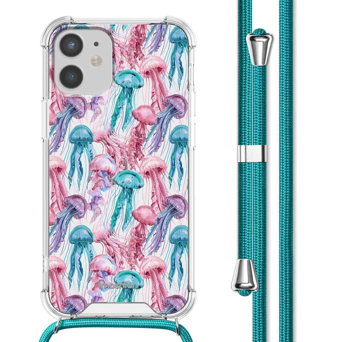 Coque de téléphone transparente avec motif de méduses et cordon turquoise. Le fond est blanc.