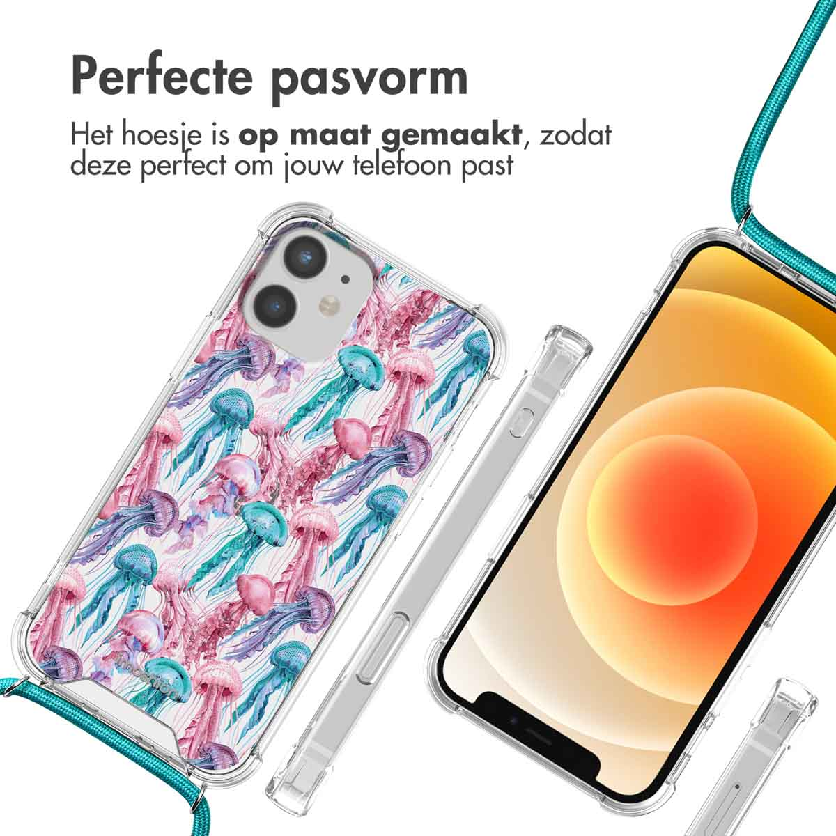 Coques de téléphone avec motif de méduses. Diverses couleurs et un cordon turquoise.