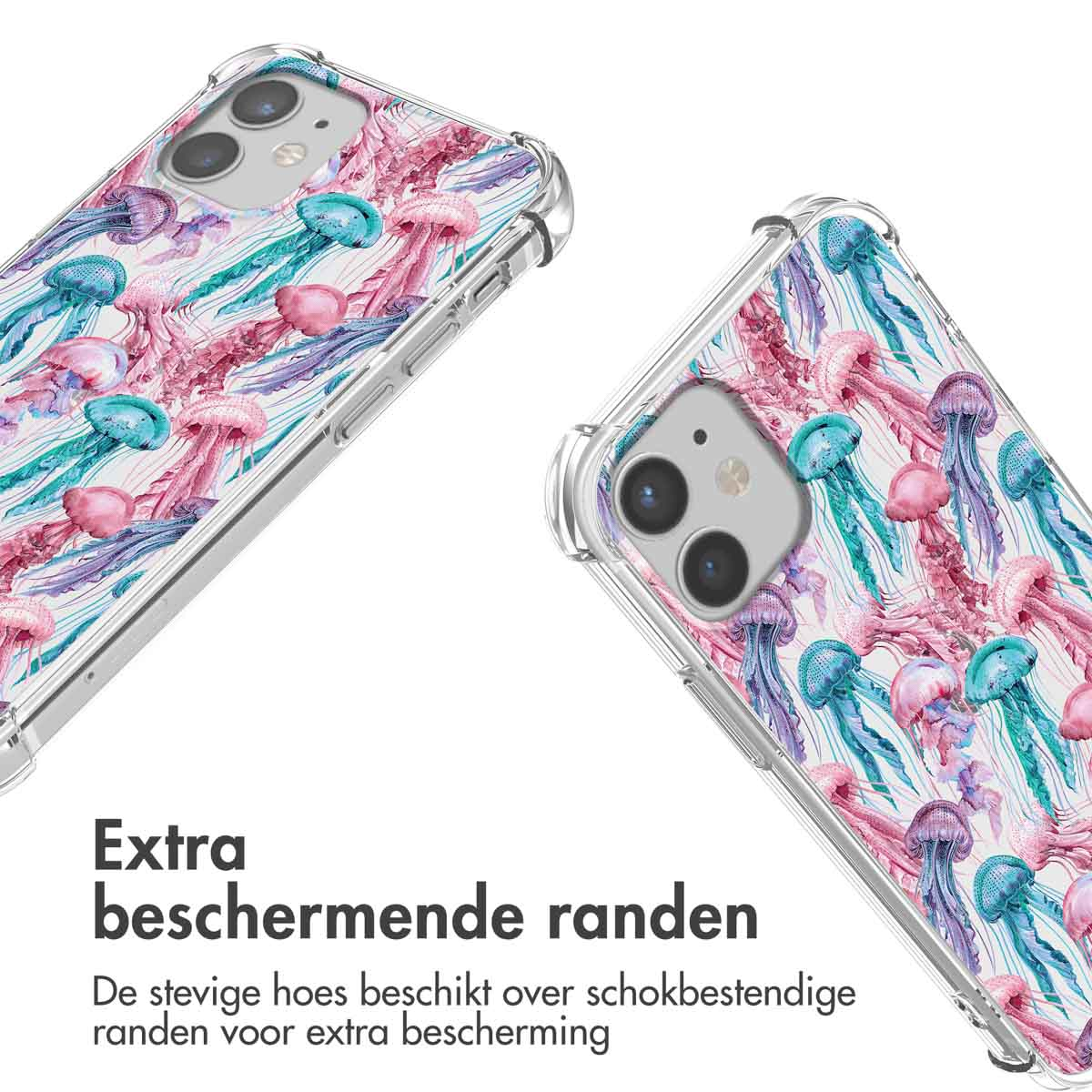 Deux coques de téléphone avec un motif de méduses. Elles sont sur une surface blanche. Bords de protection supplémentaires.