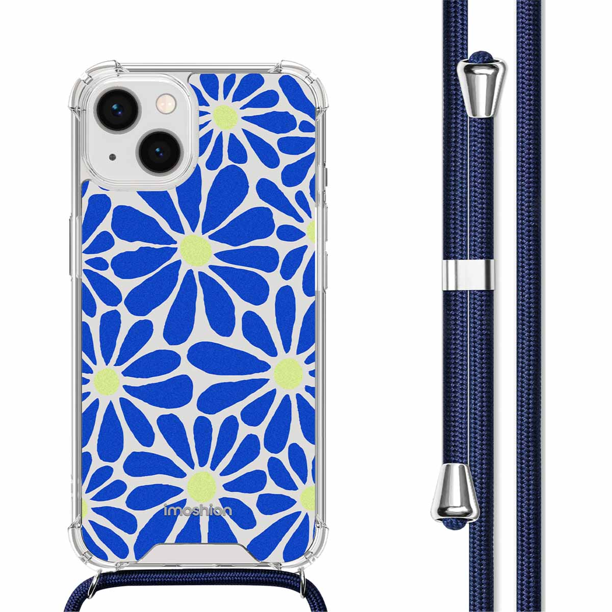 Coque de téléphone avec motif de marguerites bleues et lanière bleu marine.