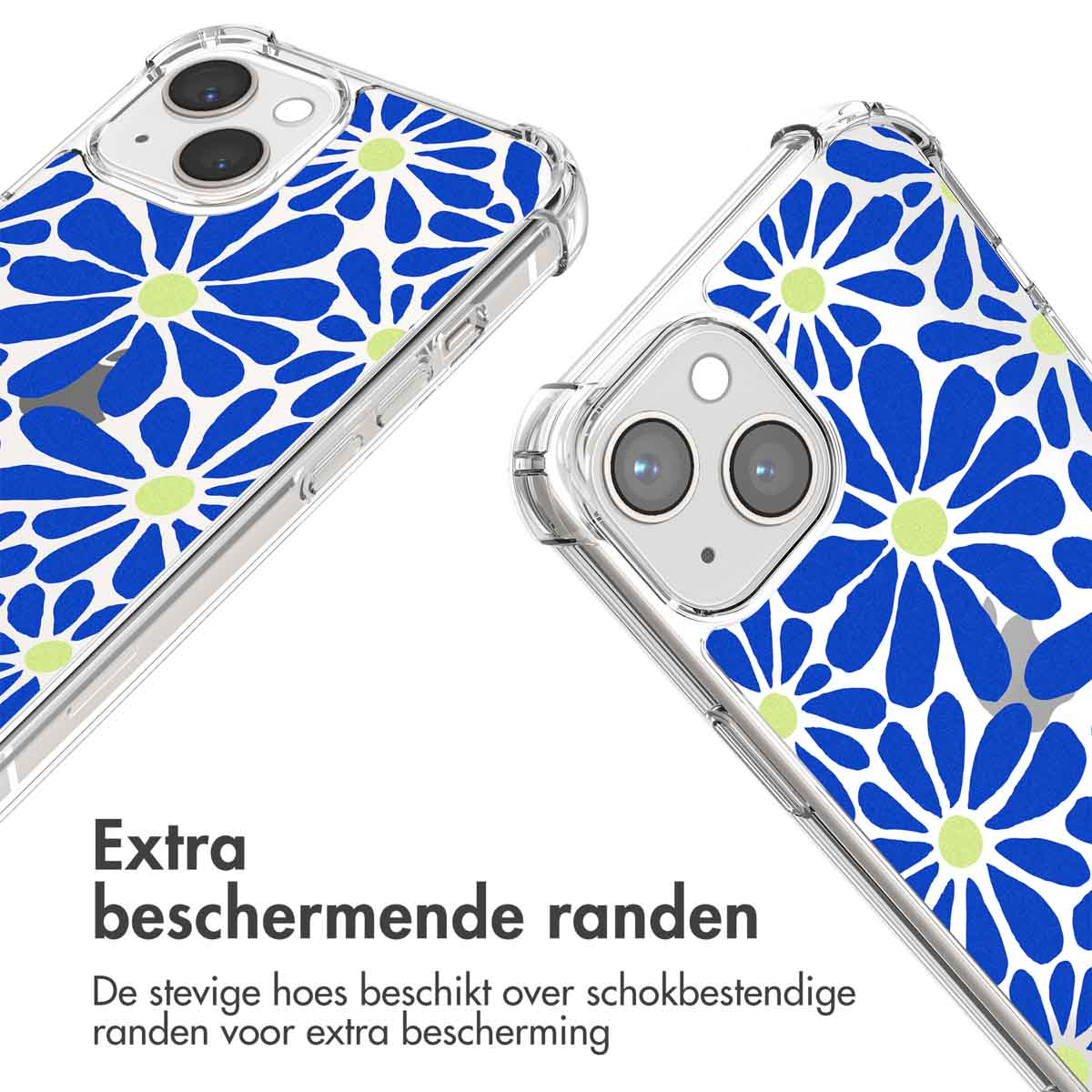 Coque de téléphone avec fleurs bleues sur fond blanc. Deux angles du téléphone montrés.