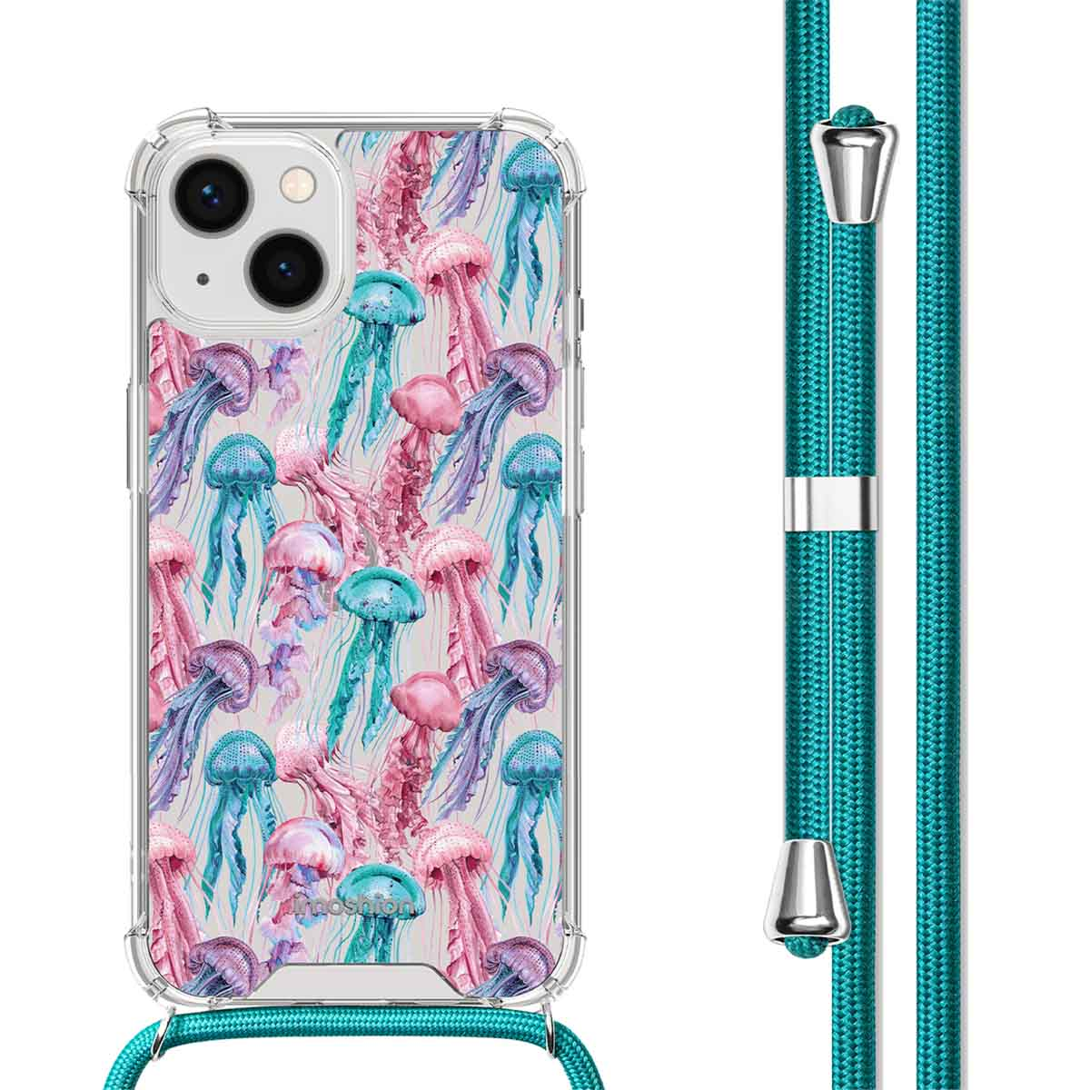 Telefoonhoesje met kwallenontwerp, turquoise koord bevestigd. Roze en blauwe kwallen.