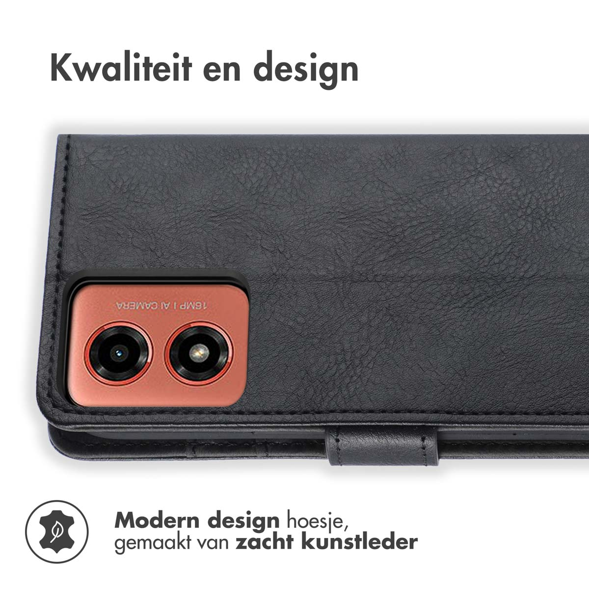 Custodia per telefono nera con copertura in similpelle marrone. La fotocamera è visibile.