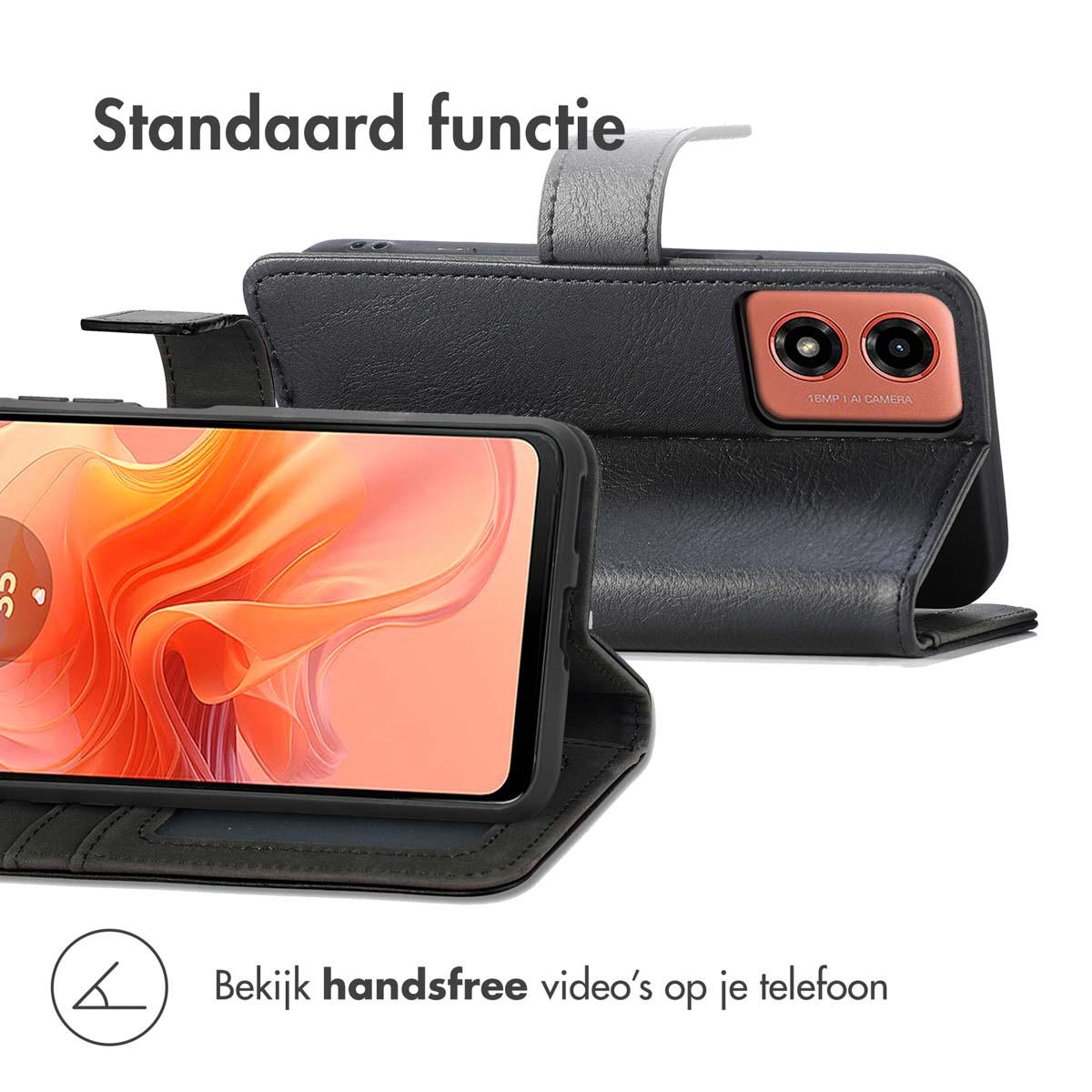 Custodia nera per telefono che si apre come un libro. Il telefono è dentro, la fotocamera visibile.