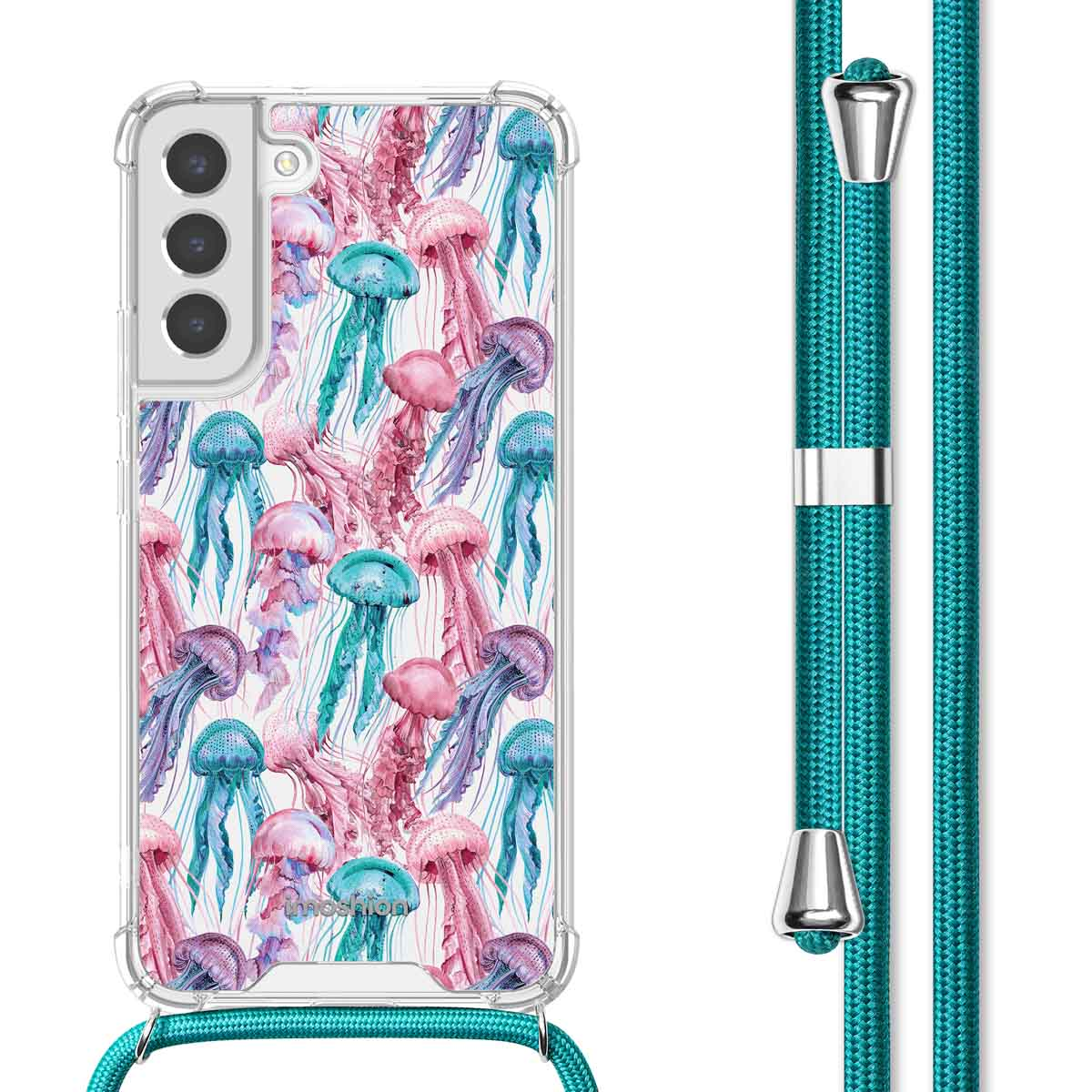 Transparante telefoonhoes met kwallenpatroon en een turquoise lanyard. De achtergrond is wit.