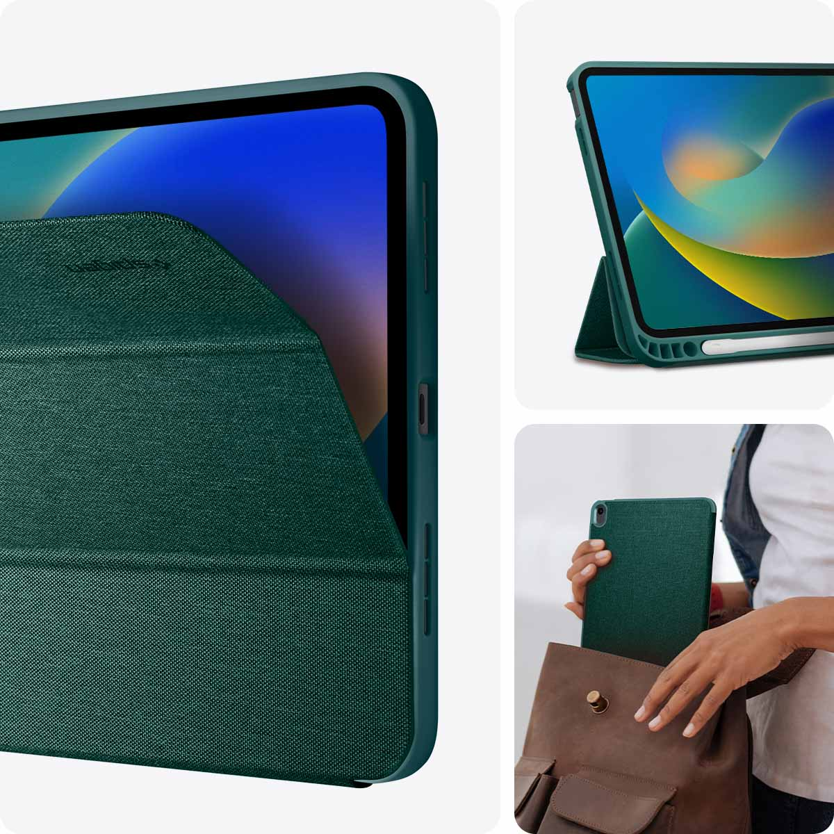 Green iPad case with a cover that folds, shown open and in use.