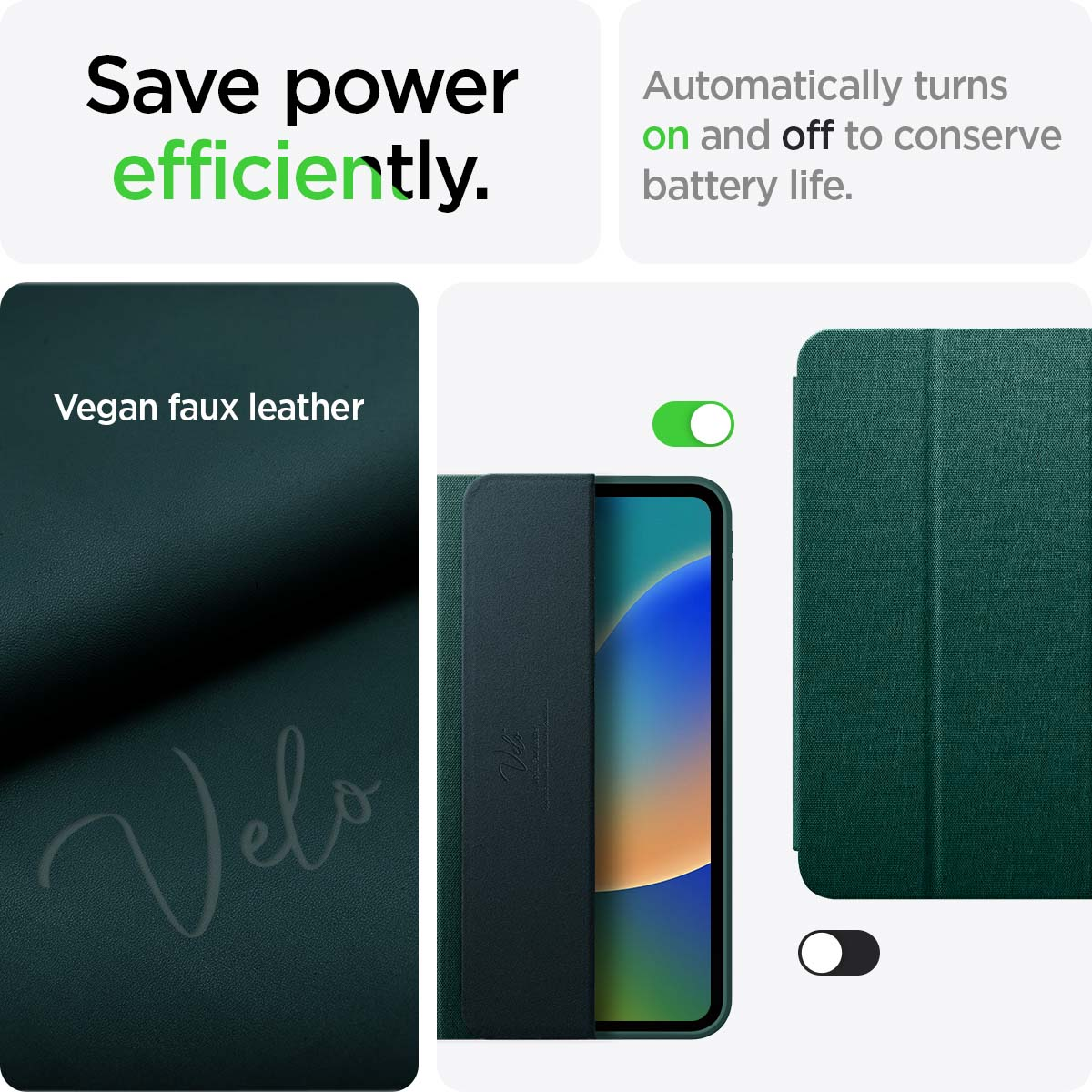 Green phone case with a dark green cover. Text says, save power efficiently. 