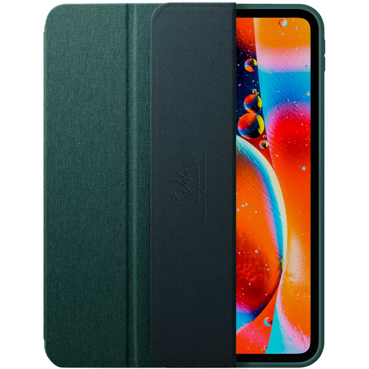 Green iPad case open, showing the screen. The case is on a white background.