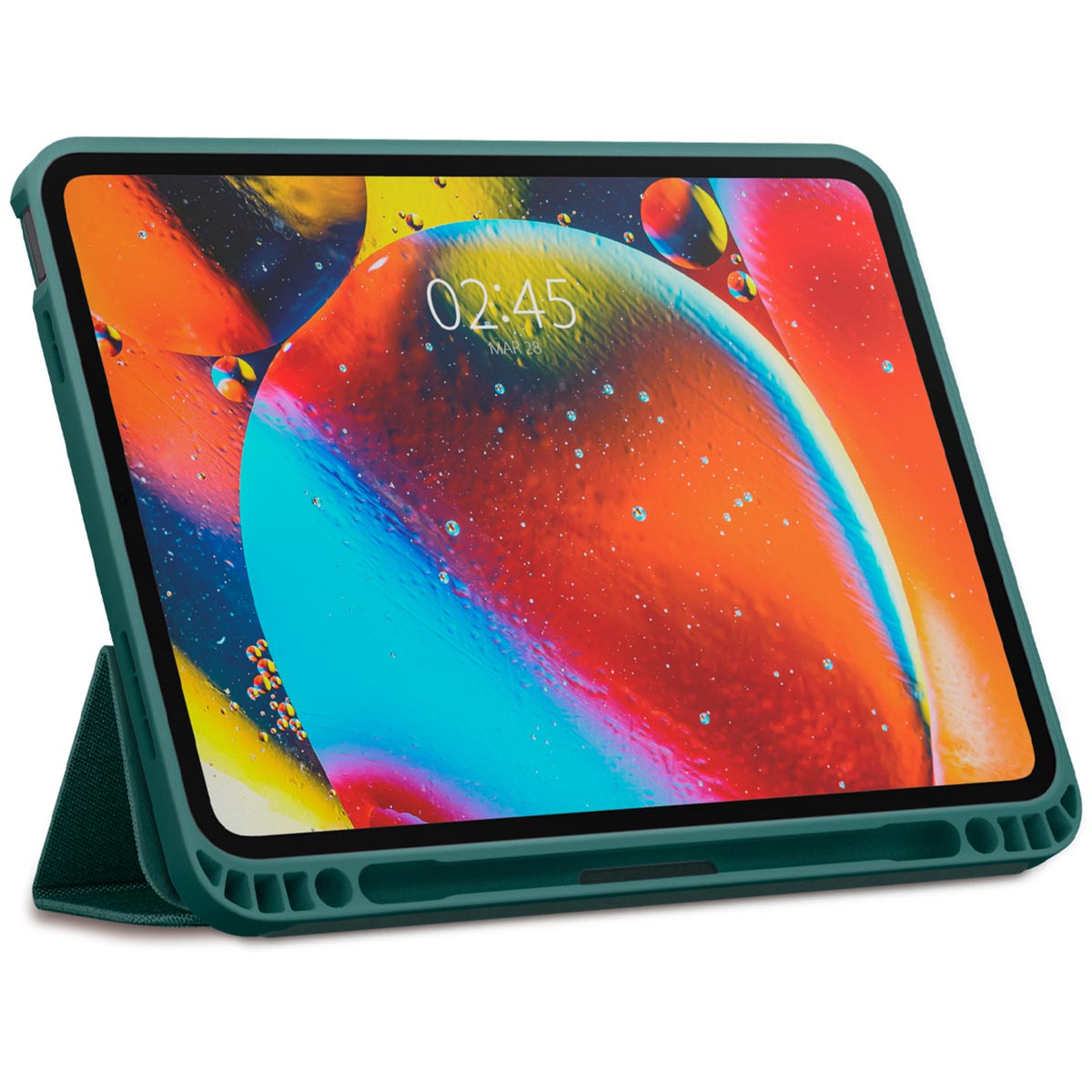 Green tablet case, angled, with a colorful background.