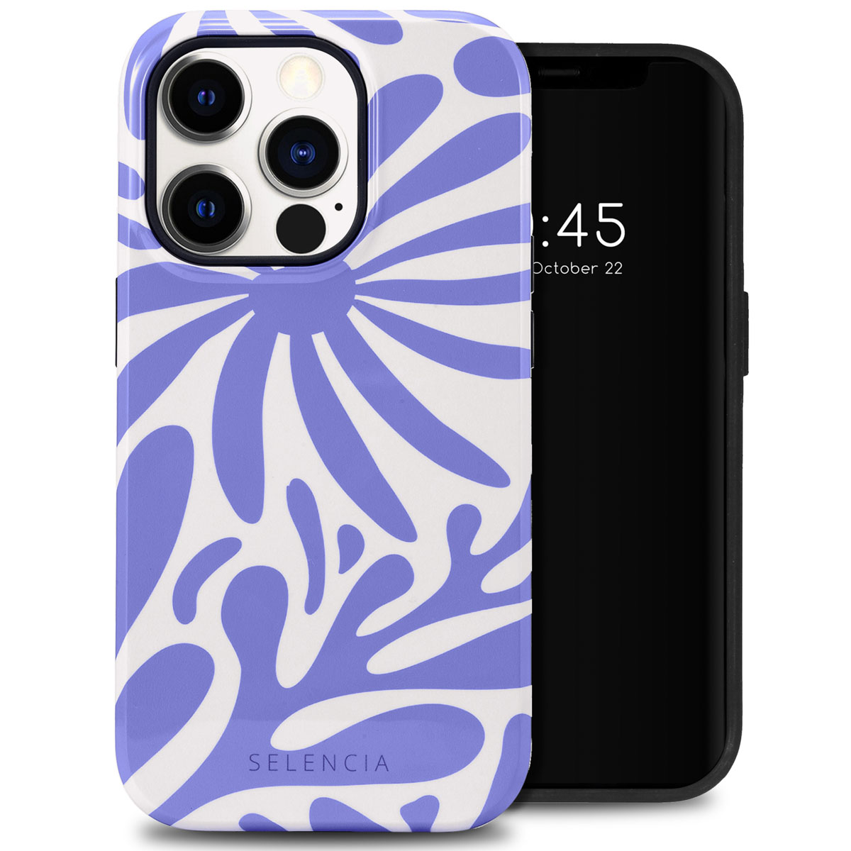 Coque de téléphone. Blanc avec motif floral violet. Téléphone à droite. La coque est Selencia.