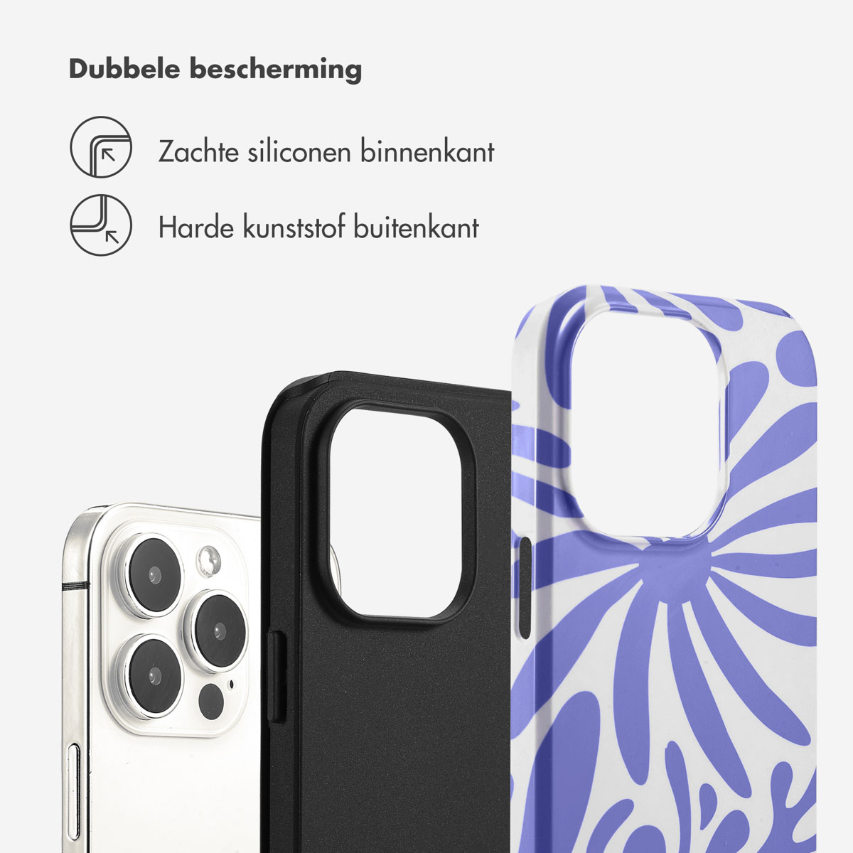 Coque de téléphone montrant un téléphone à l'intérieur avec un dos noir et un motif floral blanc et bleu.