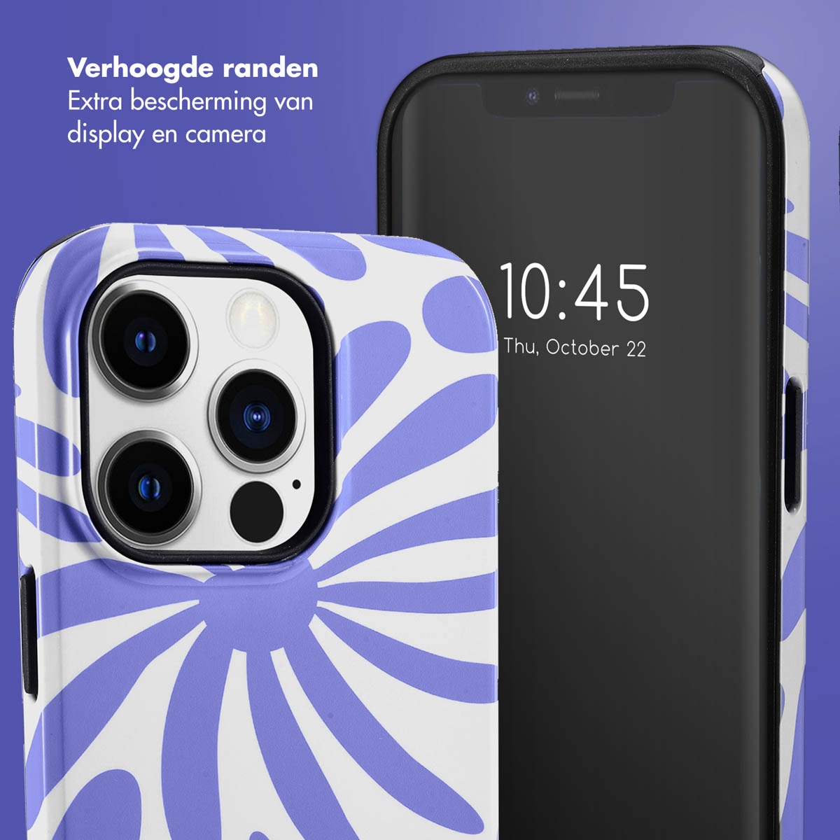 Coque de téléphone avec un design bleu et blanc. Le téléphone est à droite. Texte : Verhoogde randen.