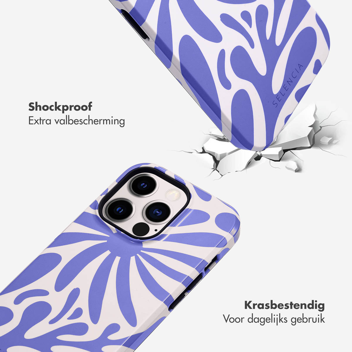 Coque de téléphone avec un motif floral bleu et blanc. La coque est antichoc et résistante aux rayures.