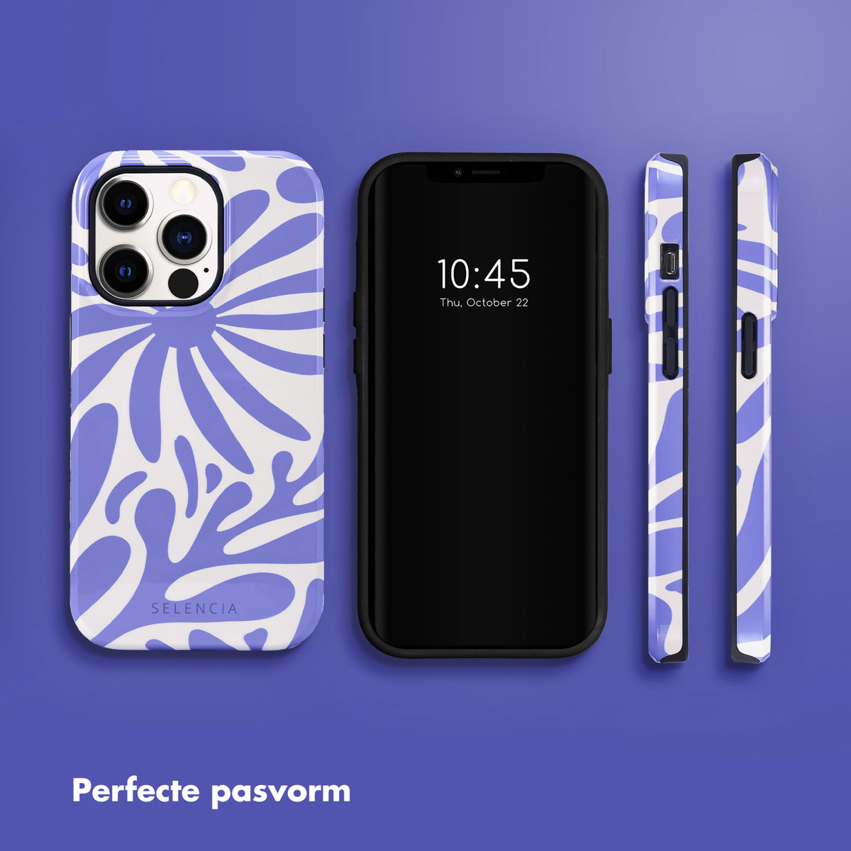 Téléphone et coque avec un motif abstrait bleu et blanc. Deux coques latérales sont présentées.