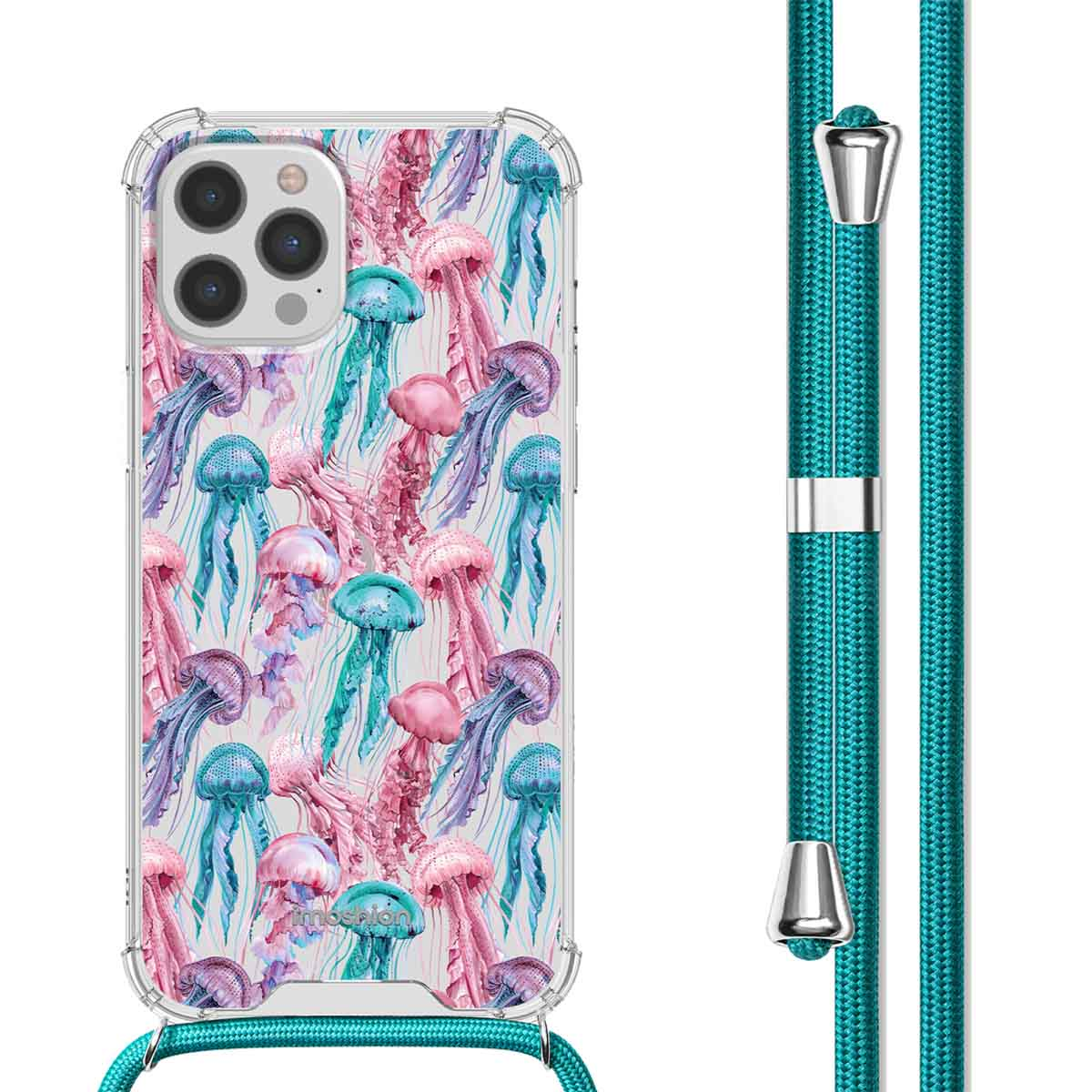 Coque de téléphone avec motif de méduses roses, bleues et violettes. Lanière turquoise.
