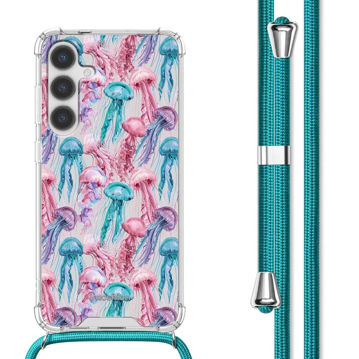 Coque de téléphone transparente avec un motif de méduses à l'aquarelle, un cordon turquoise attaché.