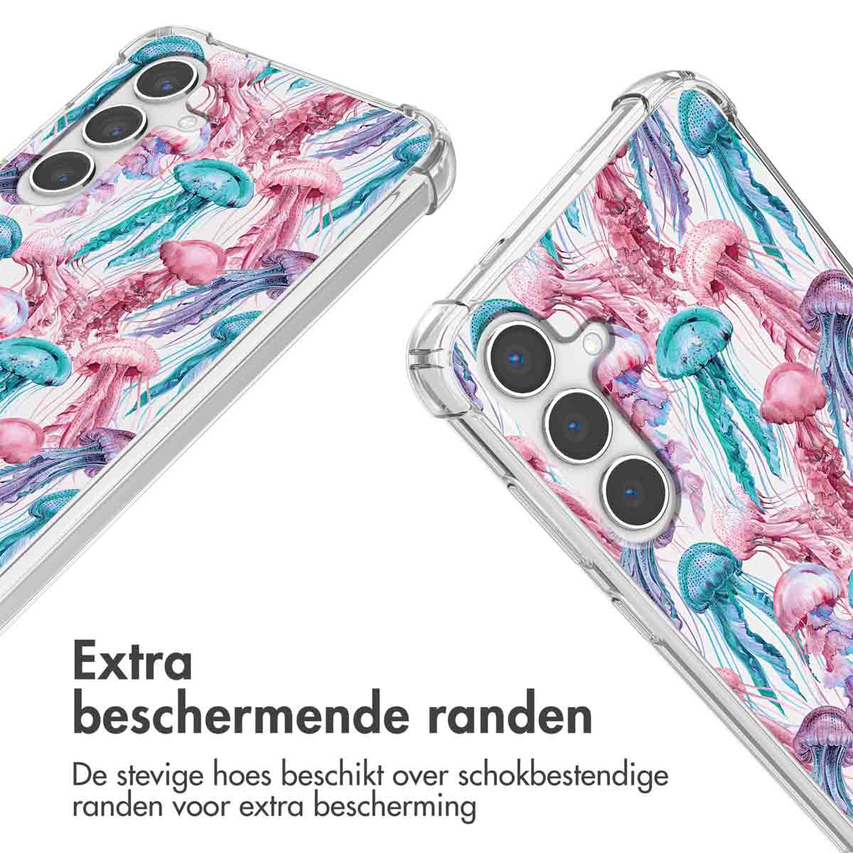 Coques de téléphone avec motif de méduses ; teintes roses et bleues.