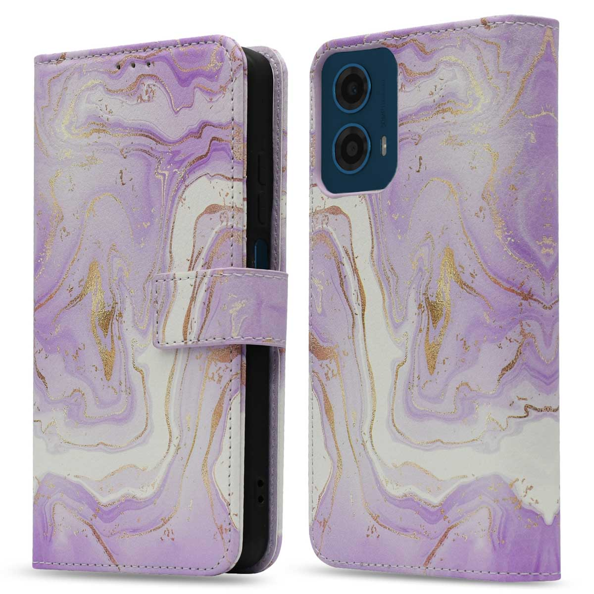 Coque de téléphone en marbre violet, ouverte, montrant le téléphone. Veines dorées visibles.