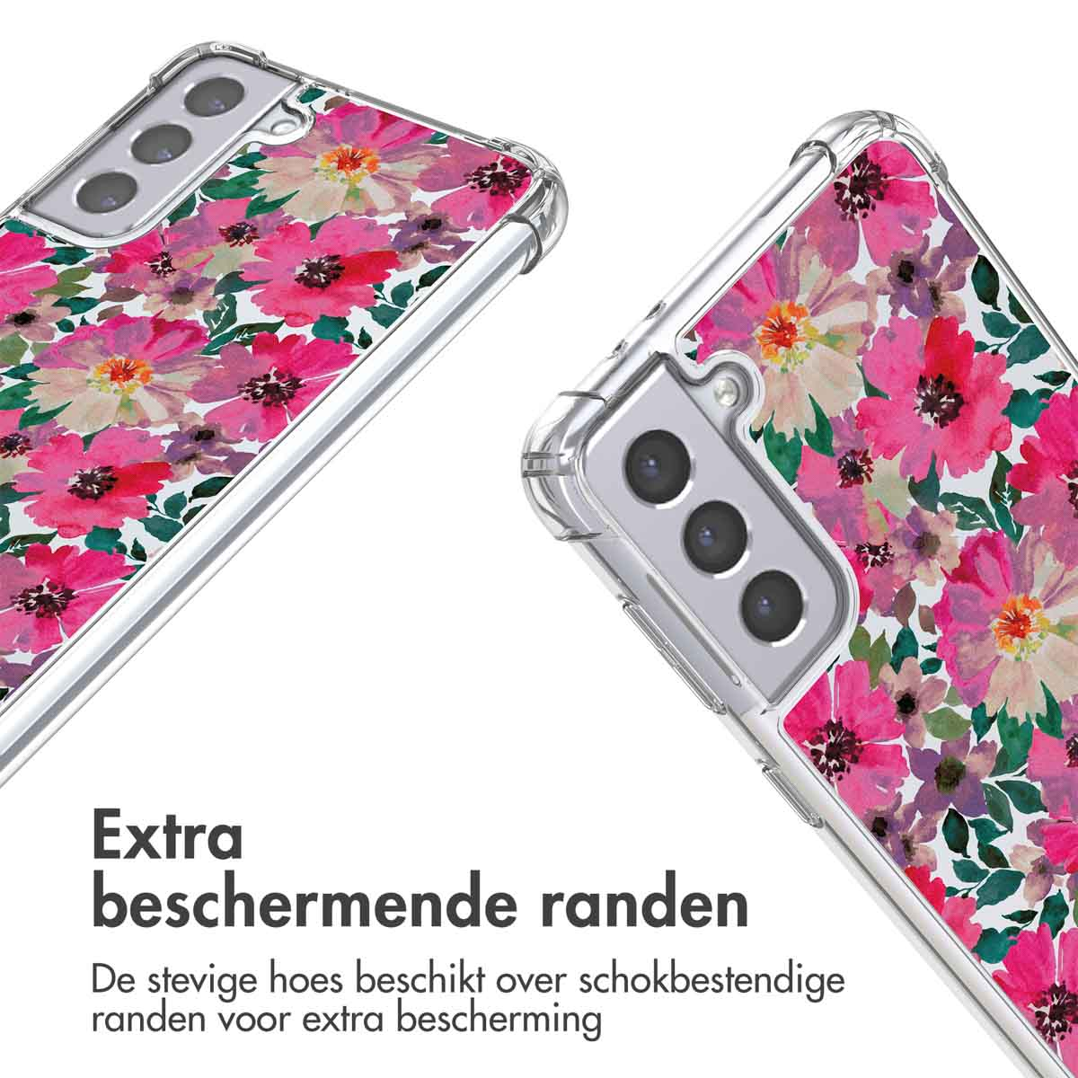 Deux coques de téléphone avec des imprimés floraux. Une est montrée sous deux angles, l'autre est en arrière-plan.