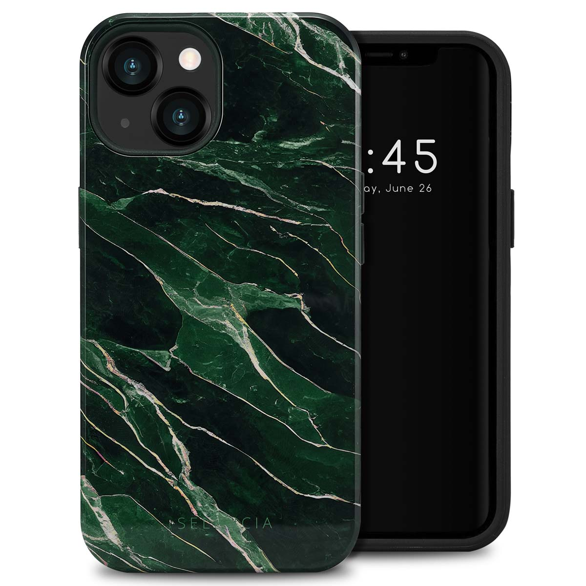 Coque de téléphone en marbre vert sur un téléphone noir, avec un fond blanc.