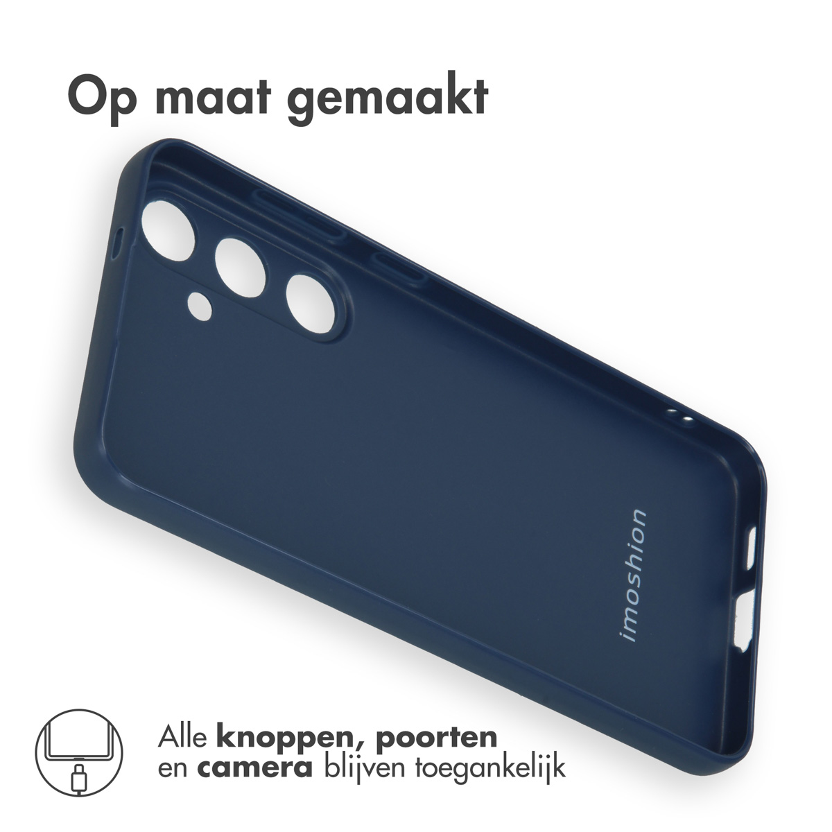 Funda de teléfono azul marino. Texto: 'Op maat gemaakt.' Texto inferior: 'Alle knoppen, poorten en camera blijven toegankelijk.'