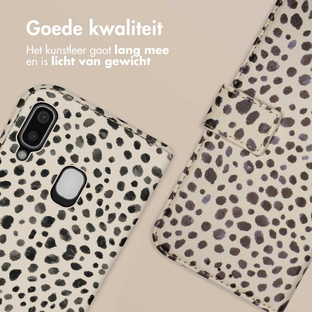 Coque de téléphone avec motif à pois blancs et noirs. Coque ouverte. Téléphone visible.