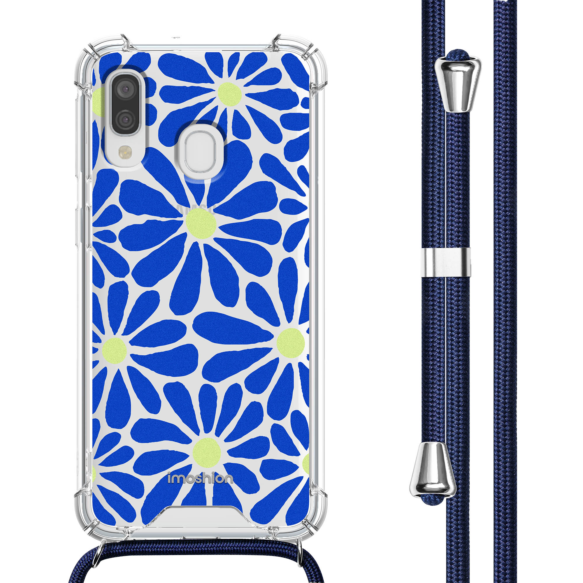 Phone case with blue flower design and a lanyard. The case is clear and the flowers are blue.