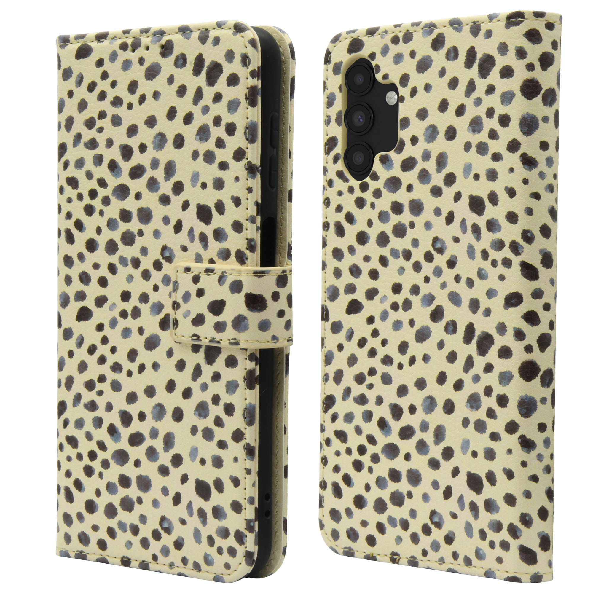 Coque de téléphone avec un motif beige tacheté. L'étui est fermé et possède un bouton.