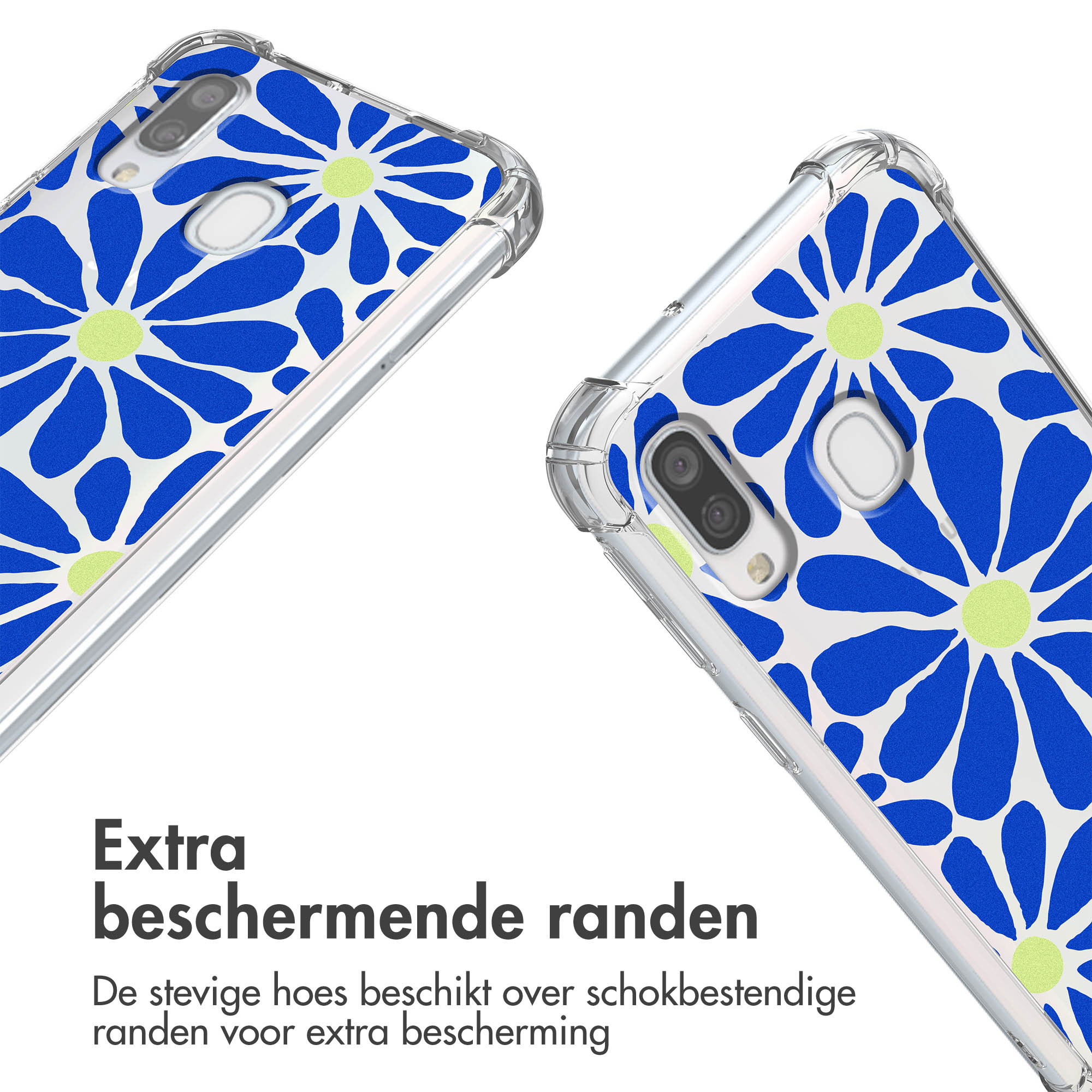 Two phone cases with a blue daisy pattern are shown. Text says the cases have extra protective edges.