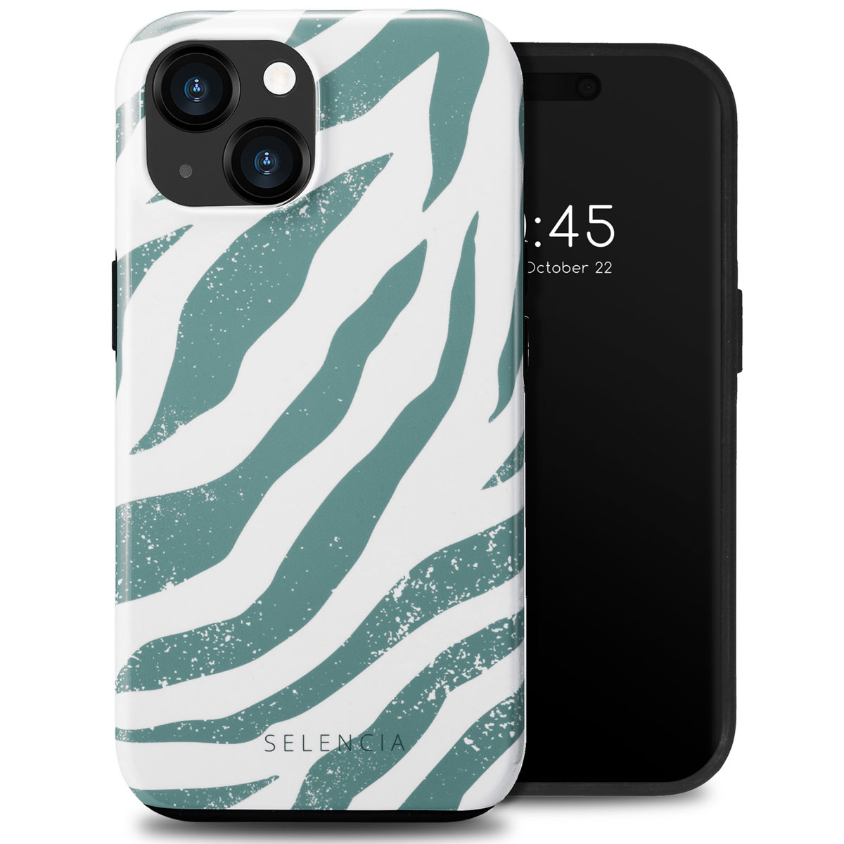 Téléphone avec coque imprimée zèbre turquoise et blanc. L'heure sur le téléphone est 9:45.