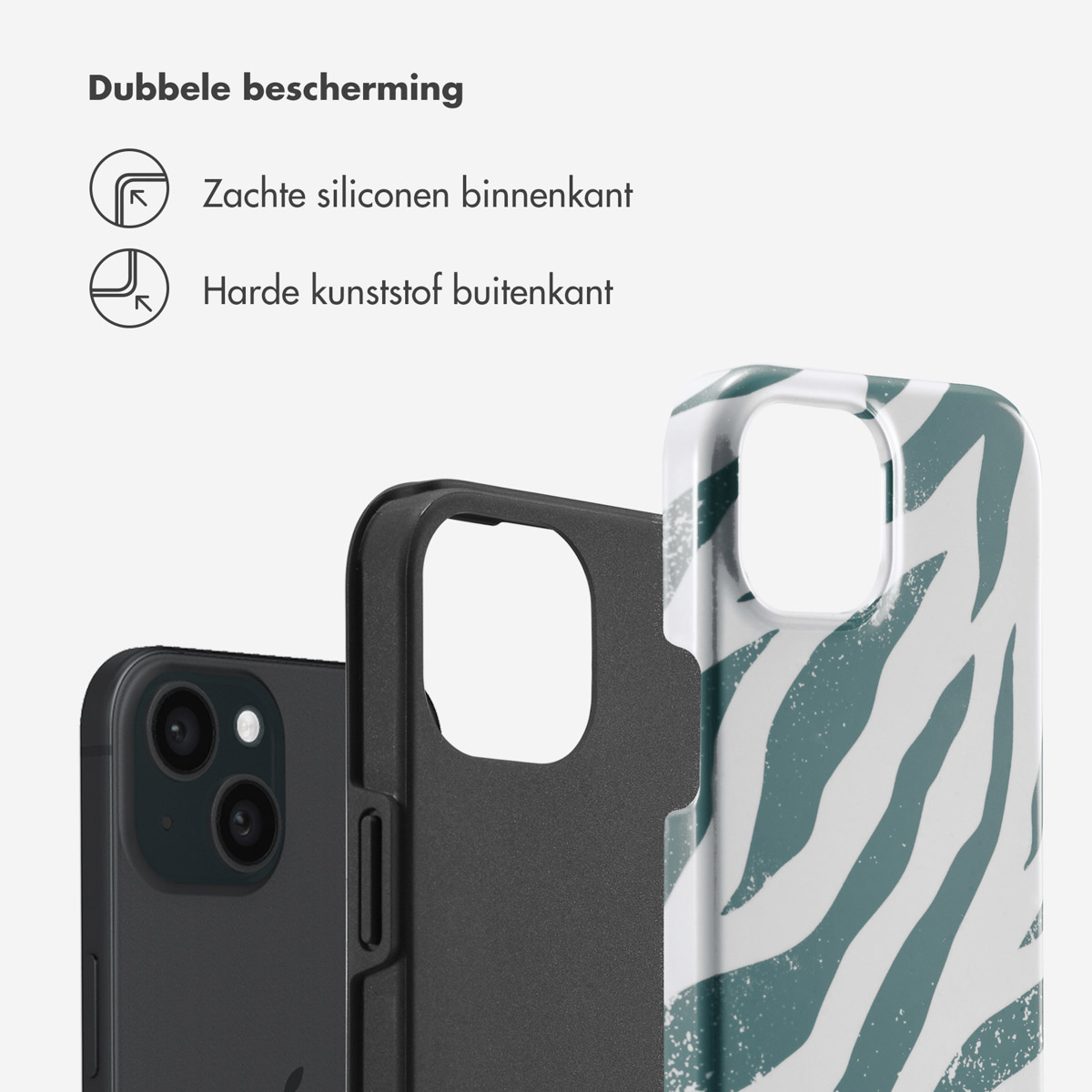Coque de téléphone montrant un téléphone à l'intérieur avec un dos noir et un motif zébré blanc et sarcelle.