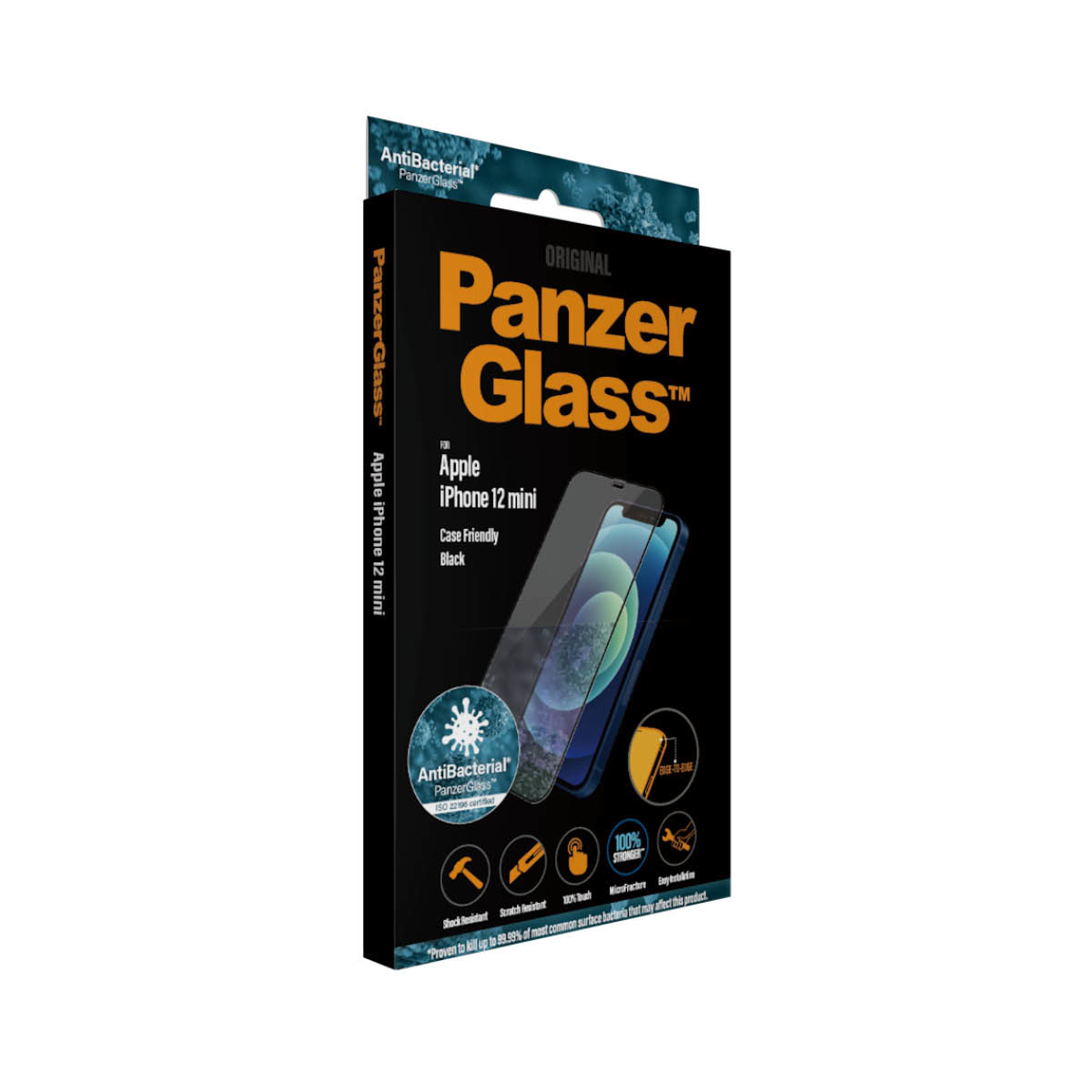 Scatola con PanzerGlass per iPhone 12 mini; nero, compatibile con custodia.