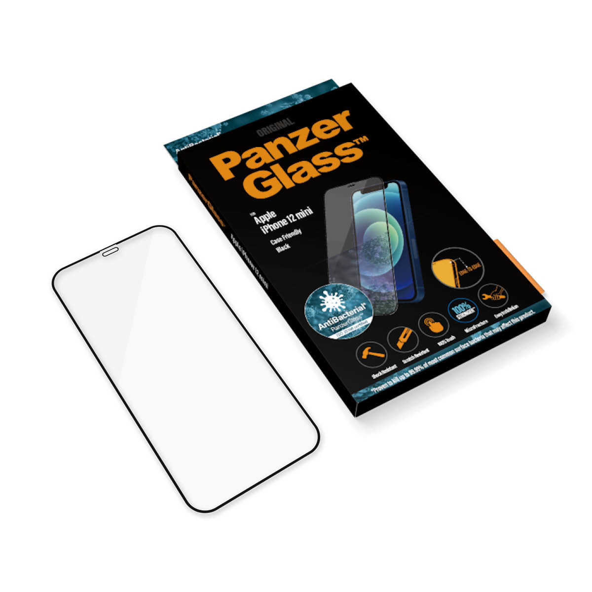 Protezione schermo PanzerGlass per iPhone, accanto alla confezione. Antibatterico e antiurto.