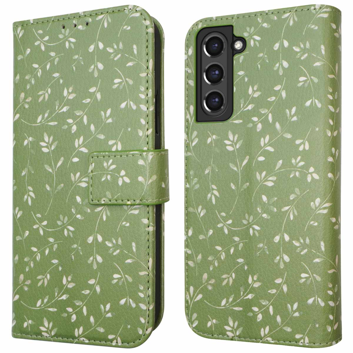 Étui portefeuille vert pour téléphone avec motif floral blanc.