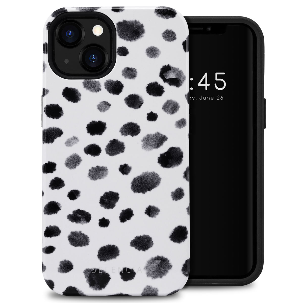 Coque de téléphone blanche à pois noirs. Le téléphone est noir. Le fond est blanc.
