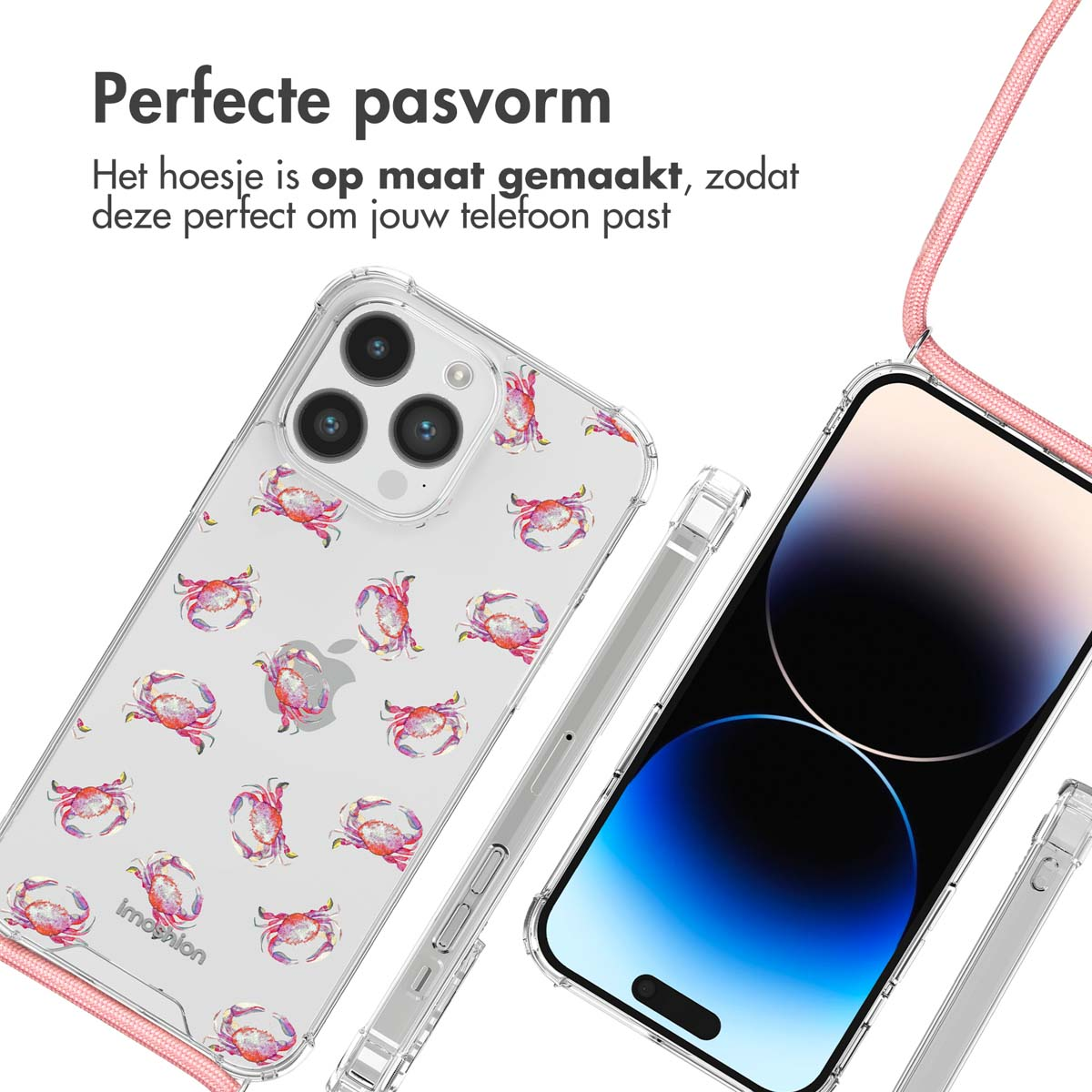 Transparante telefoonhoes met krabbenpatroon, een roze riem en een telefoon. Perfecte pasvorm.