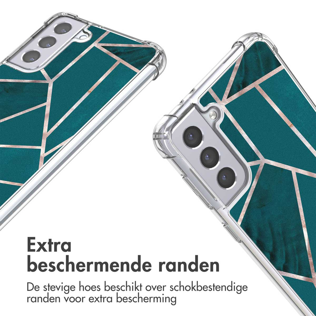 Coques de téléphone avec design géométrique ; tons turquoise et or.