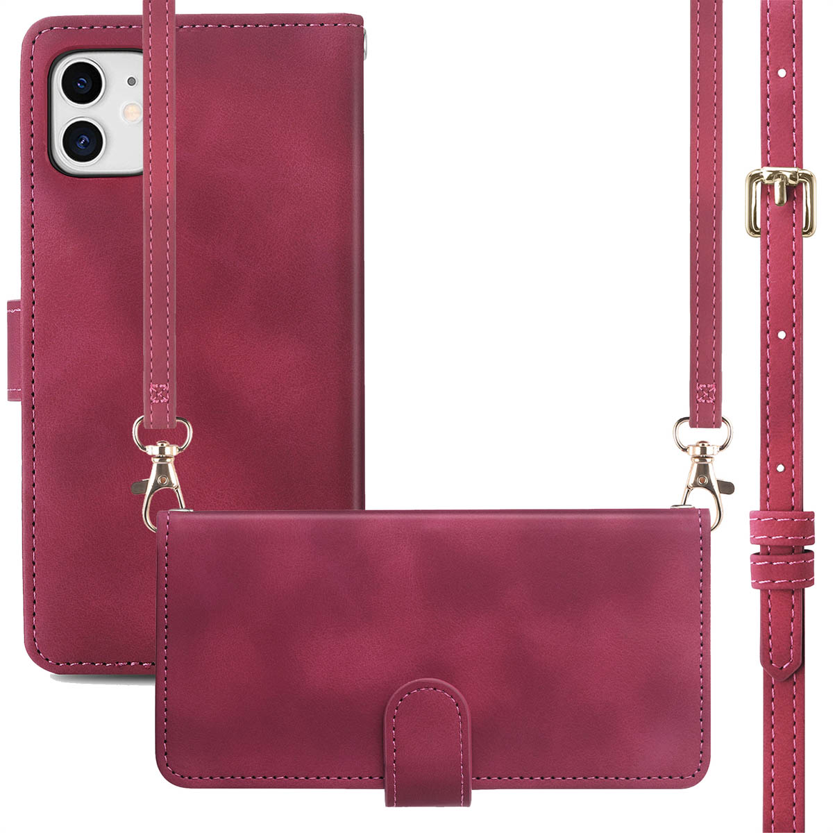 Rode telefoonhoes met een riem. Hoesje is open. Telefoon zit erin. Riem en gesp zichtbaar.