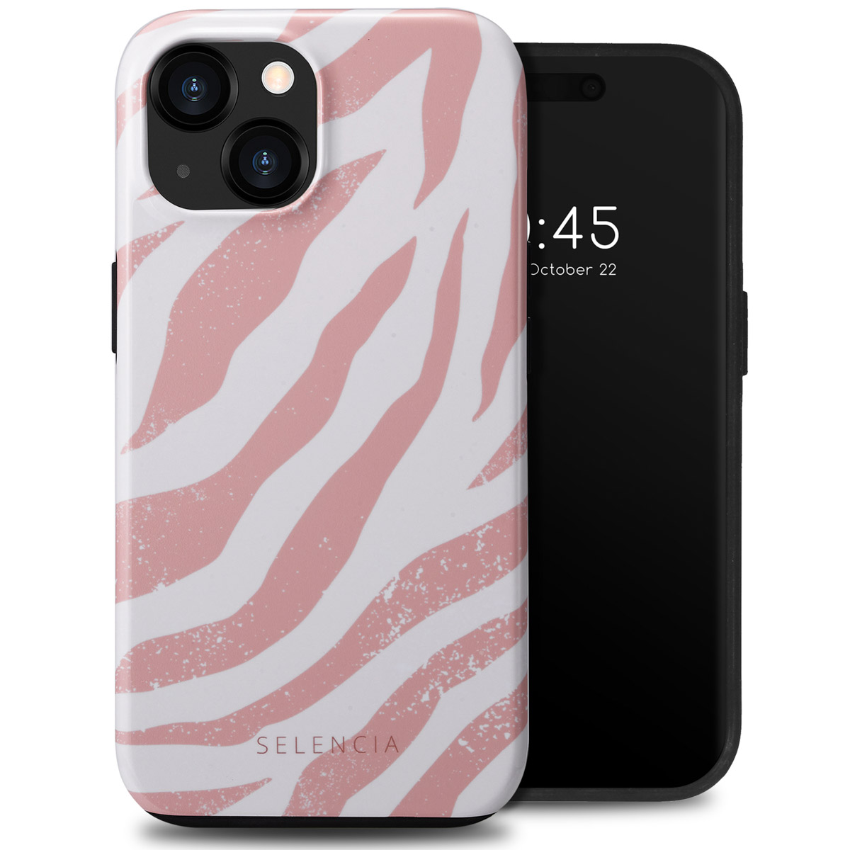 Téléphone avec un étui blanc à rayures zébrées roses. Il affiche l'heure.