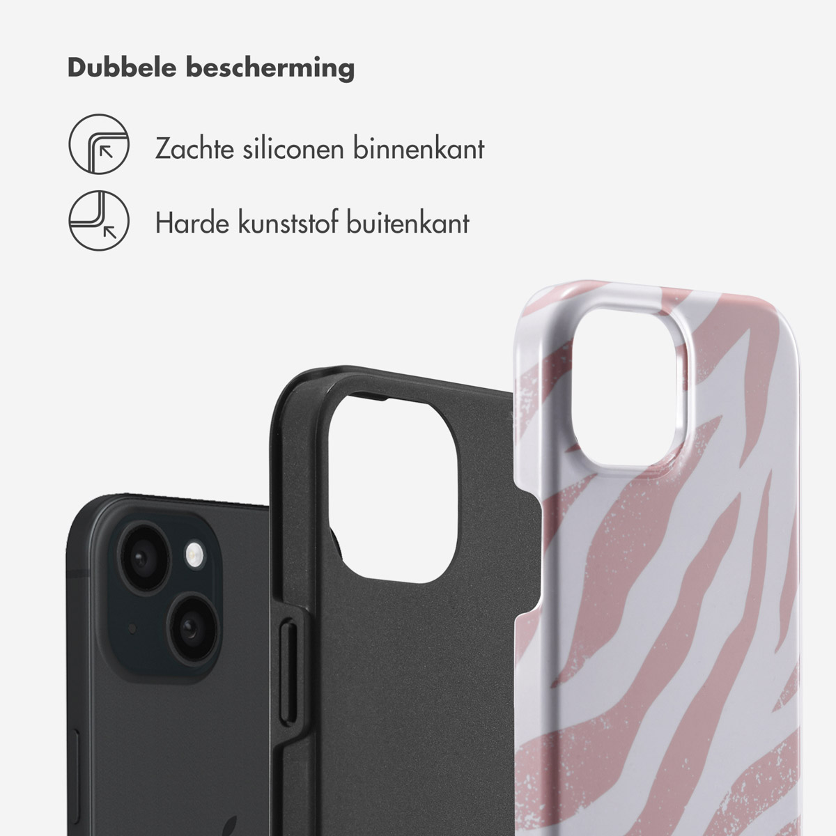 Téléphone et coque. La coque a un imprimé zèbre et un boîtier intérieur noir.